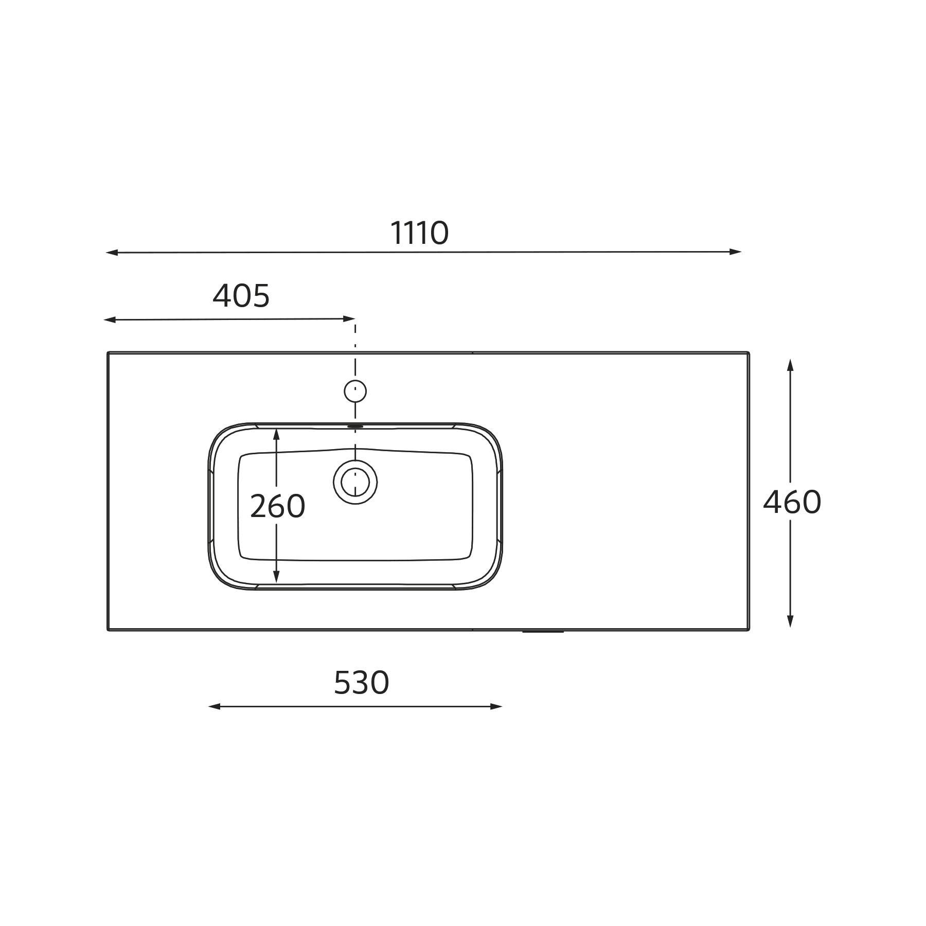 Ein rechteckiges Waschbeckendiagramm mit Abmessungen: 1110 mm Breite, 460 mm Tiefe, und Waschbeckenmittelpunkt versetzt um 260 mm von links, 405 mm von oben.