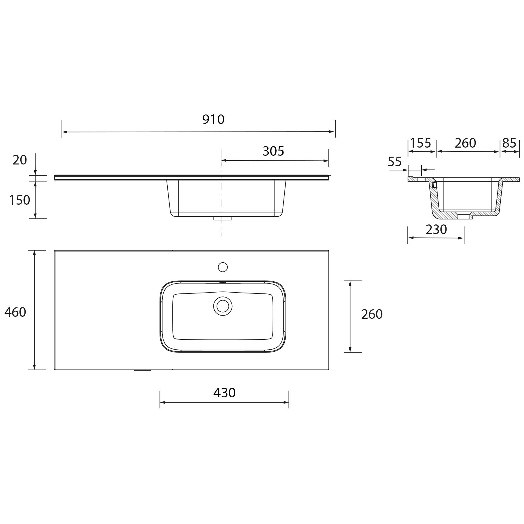 Technische Zeichnung einer rechteckigen Waschbecken-Waschtischplatte. Maße: 910 mm Breite, 430 mm Beckenbreite, 460 mm Höhe.
