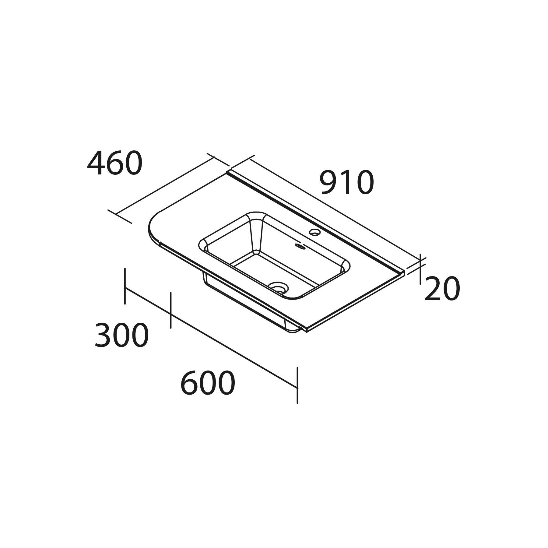 Darstellung eines rechteckigen Waschbeckens mit Maßen: 910 mm Breite, 460 mm Tiefe und 20 mm Höhe. Die Waschbeckenmuschel misst 600 mm mal 300 mm.