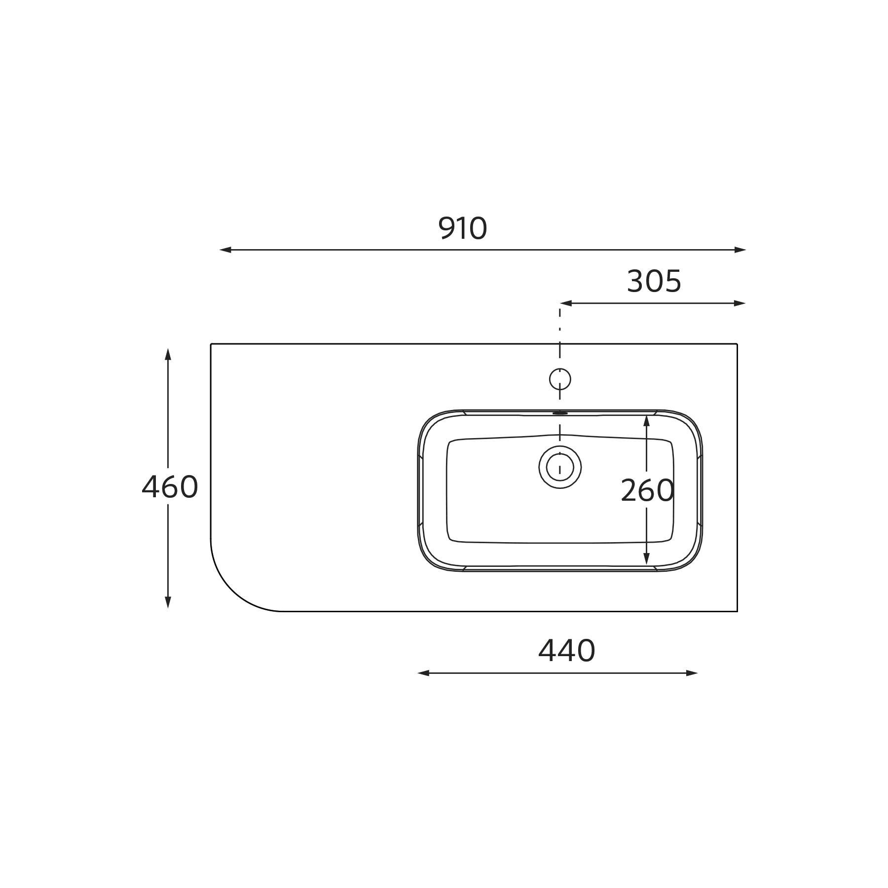Diagramm eines rechteckigen Badezimmerwaschbeckens mit Maßen: 910 mm Länge, 460 mm Breite und 305 mm Tiefe. Waschbeckenmuschel ist 260 mm breit.