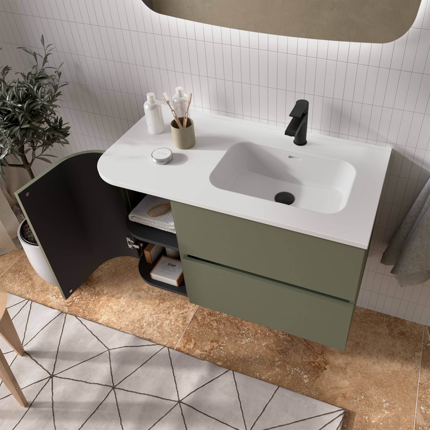 Eine moderne Badezimmerschrankplatte mit einem grünen Schrank, weißer Arbeitsplatte und schwarzem Wasserhahn. Ein offener Schrank gibt einen Blick auf ein Regal mit einem Handtuch frei.