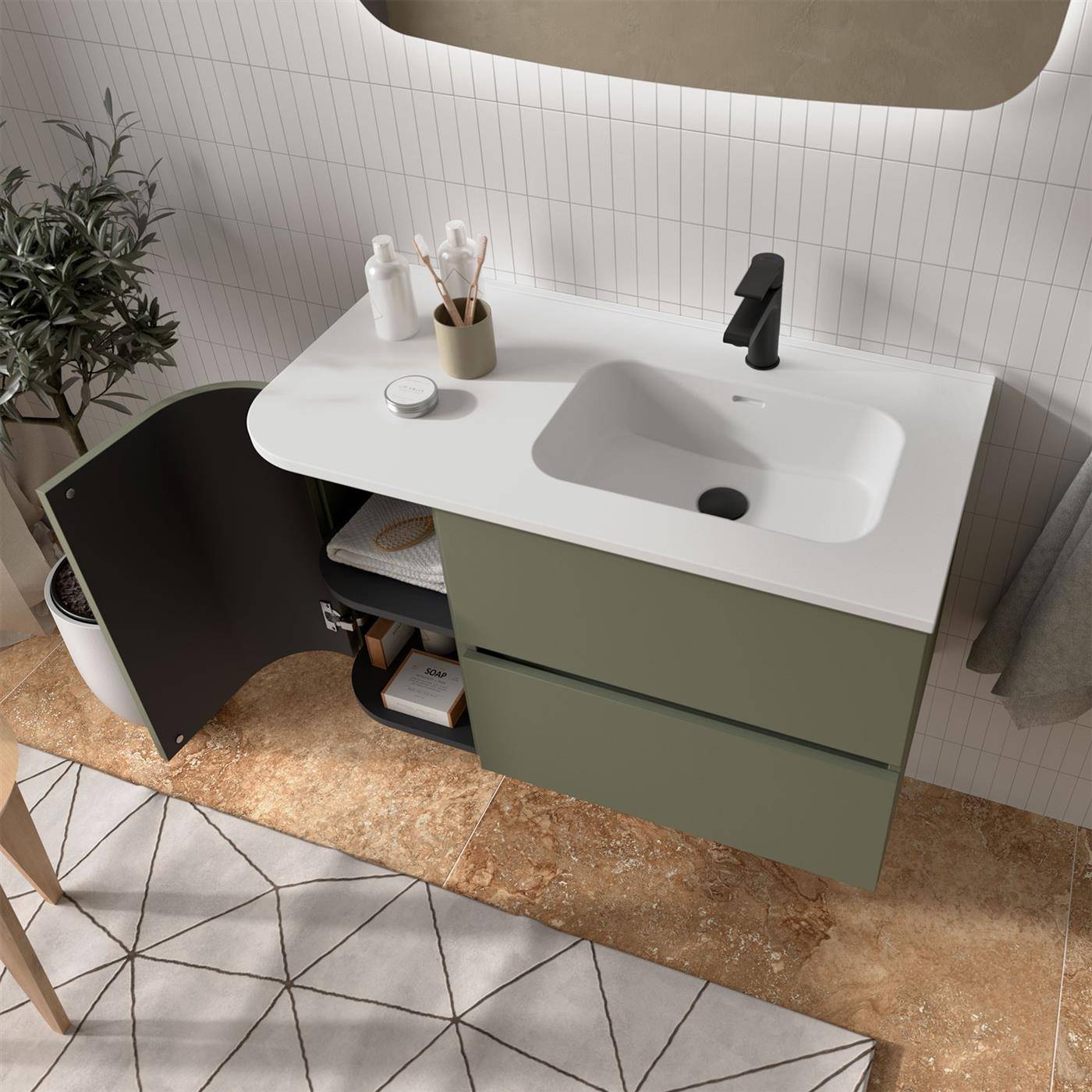 Modernes Badezimmer-Waschtisch mit weißem Waschbecken und schwarzem Wasserhahn, grüner Schrank mit offener Lagerung, neben einer Pflanze und gemustertem Teppich.