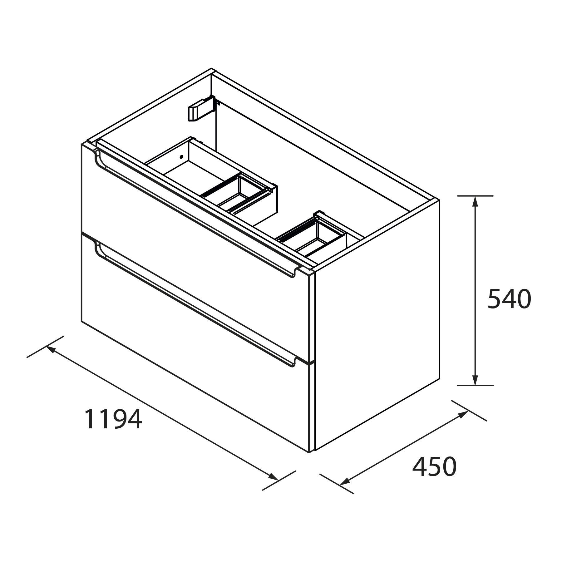 Technische Zeichnung eines Badezimmer-Waschtisches mit Maßangaben: Breite 1194 mm, Tiefe 450 mm und Höhe 540 mm; zwei Schubladen detailliert.