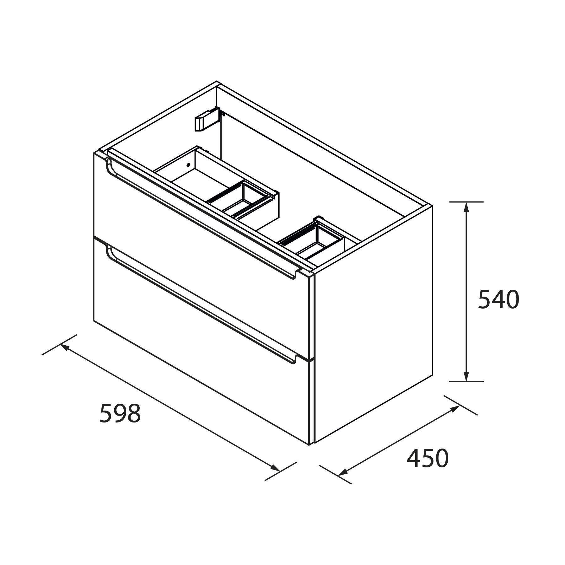 Technische Zeichnung eines Schranks mit zwei Schubladen, mit Abmessungen: Breite 598 mm, Tiefe 450 mm und Höhe 540 mm.