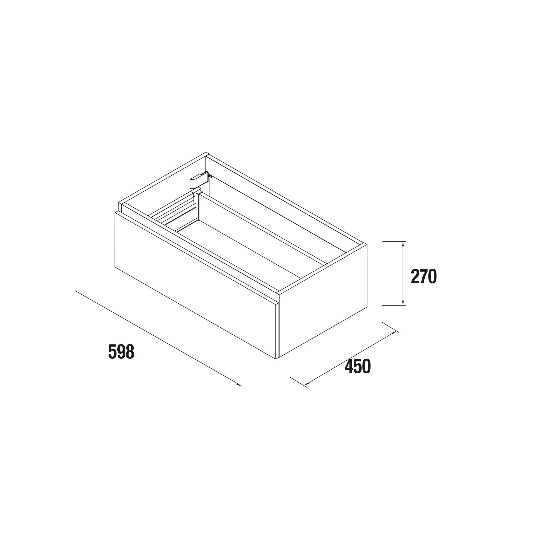 3D-technische Zeichnung einer rechteckigen Box mit Abmessungen: 598 Länge, 450 Breite, 270 Höhe.