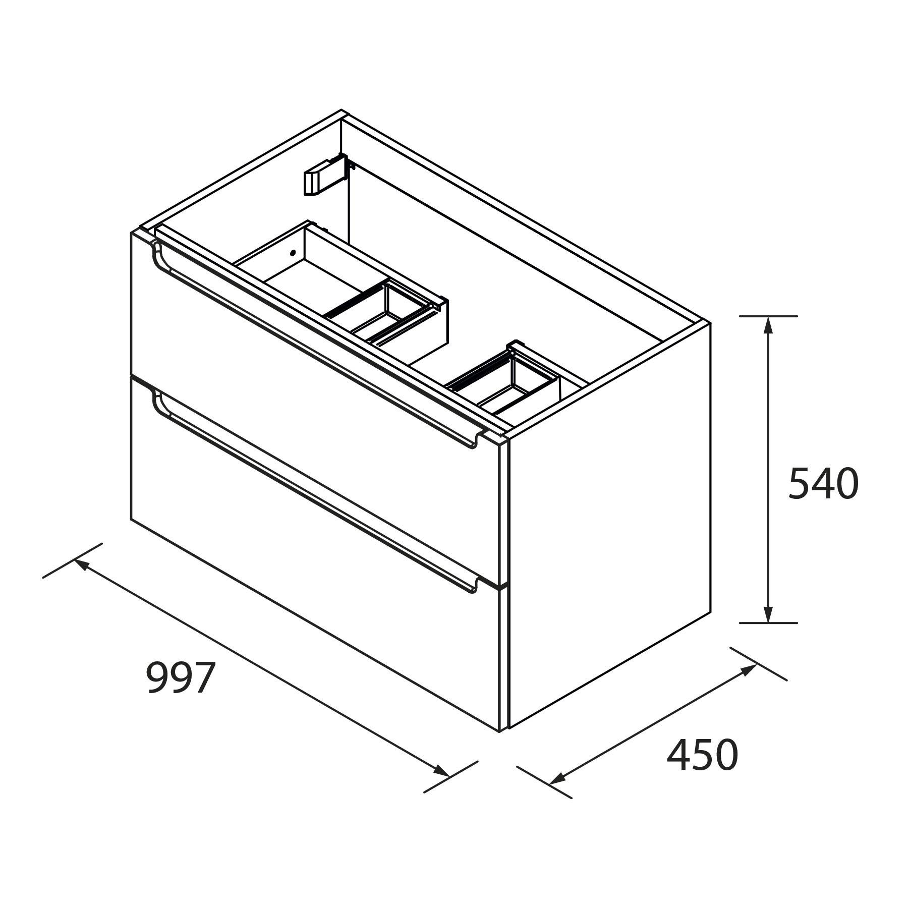 Technische Zeichnung eines Schranks mit zwei Schubladen, beschriftete Maße: Breite 997 mm, Tiefe 450 mm, Höhe 540 mm.