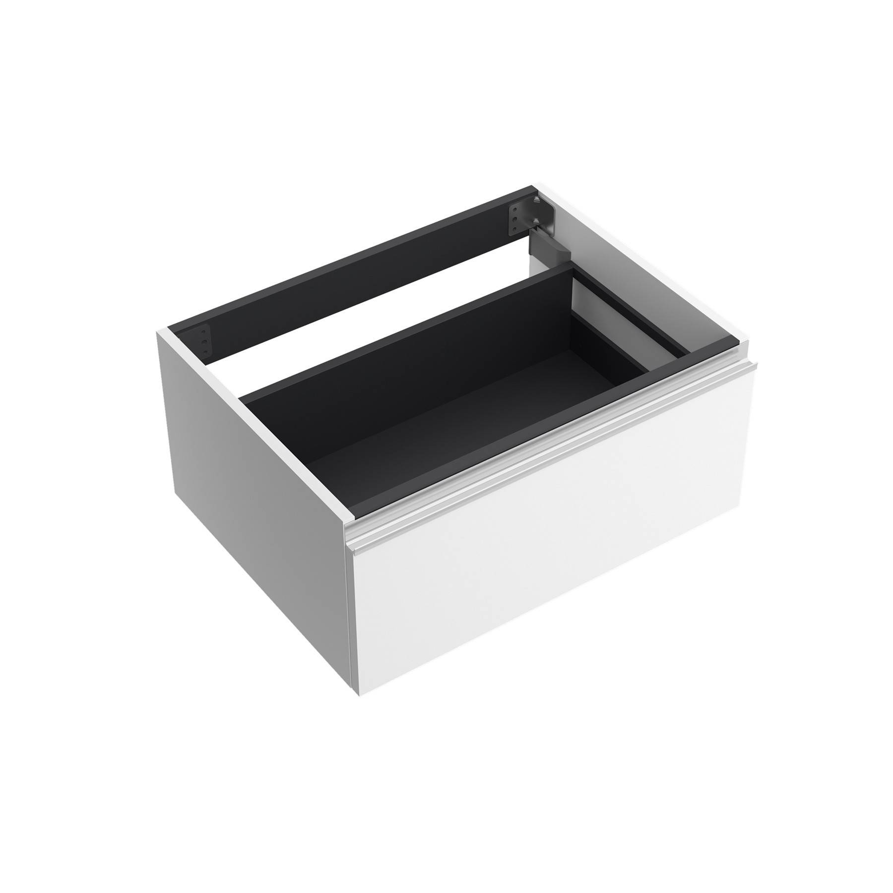 Eine offene Schublade mit einem schwarzen, leeren Innenraum, mit weißem Äußerem, in einem Winkel gesehen, vor einem weißen Hintergrund isoliert.
