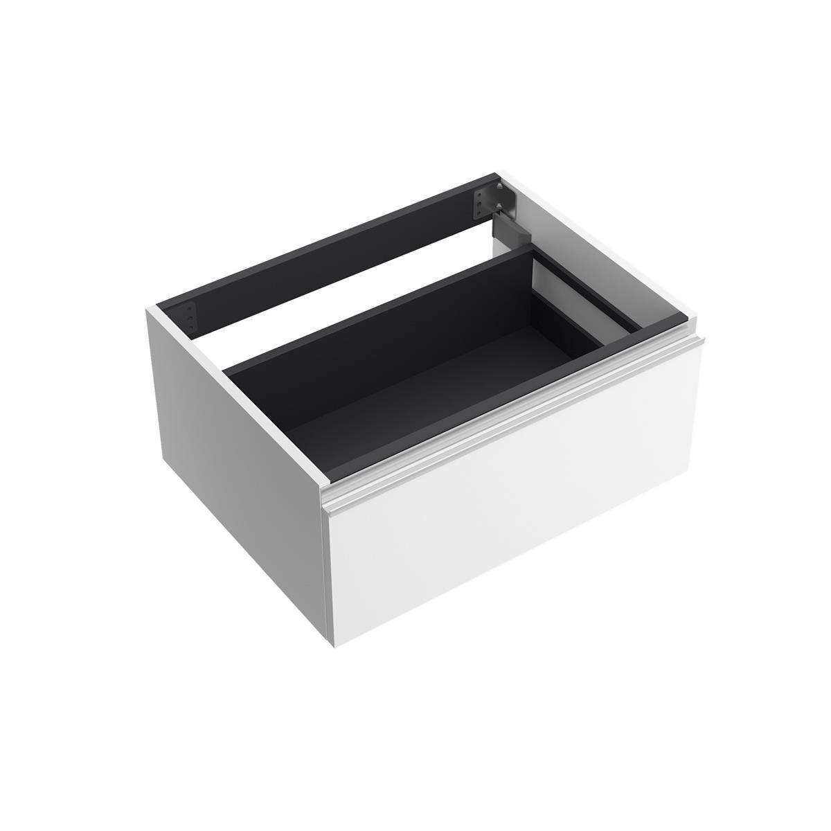 Offene weiße Schubladenbox mit schwarzem Innenraum und Metallrahmen, gezeigt auf weißem Hintergrund.