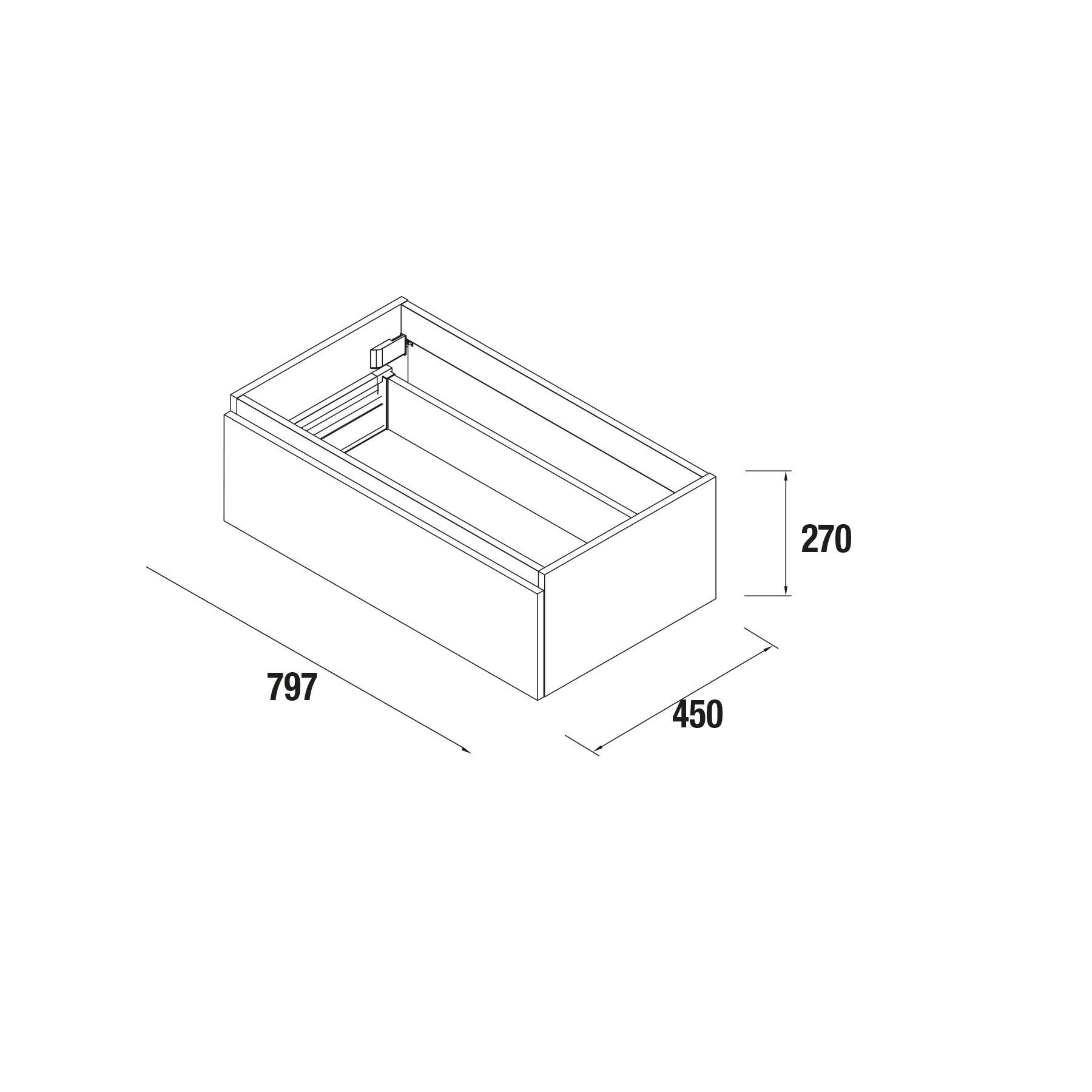 Eine Skizze eines rechteckigen Kastens mit folgenden Abmessungen: 797 mm breit, 450 mm tief und 270 mm hoch.