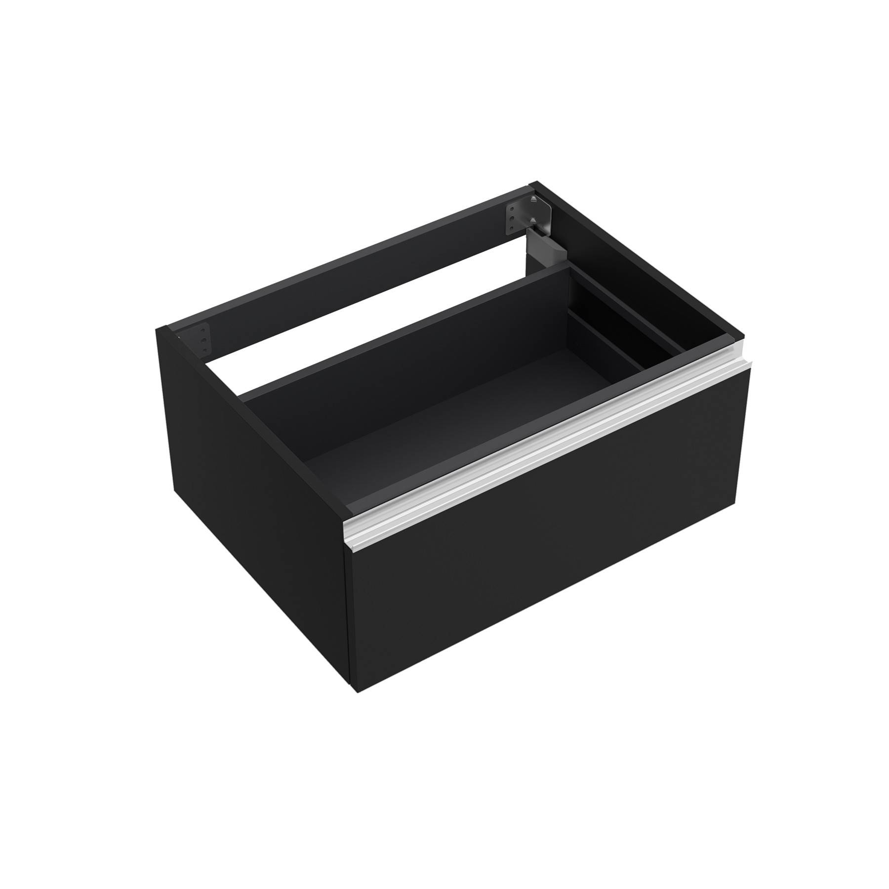 Eine schwarze rechteckige Schubladenbox mit einem silbernen Griff, von einem leicht erhöhten Winkel aus betrachtet, die ein leeres Fach zeigt.