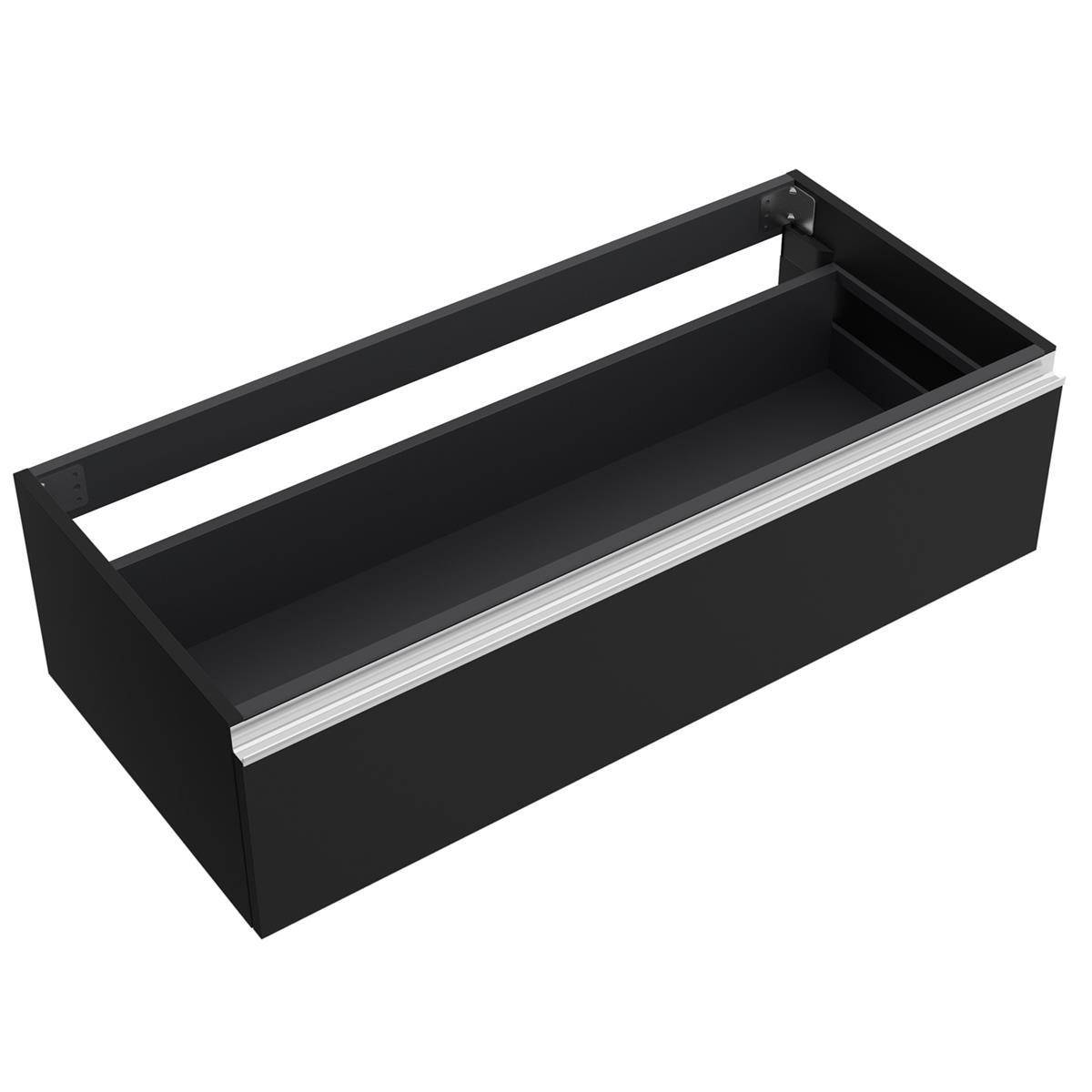 Schwarze rechteckige Metallaufbewahrungsschublade oder Ablage mit offener Oberseite und silberner Verzierung, shown auf weißem Hintergrund.