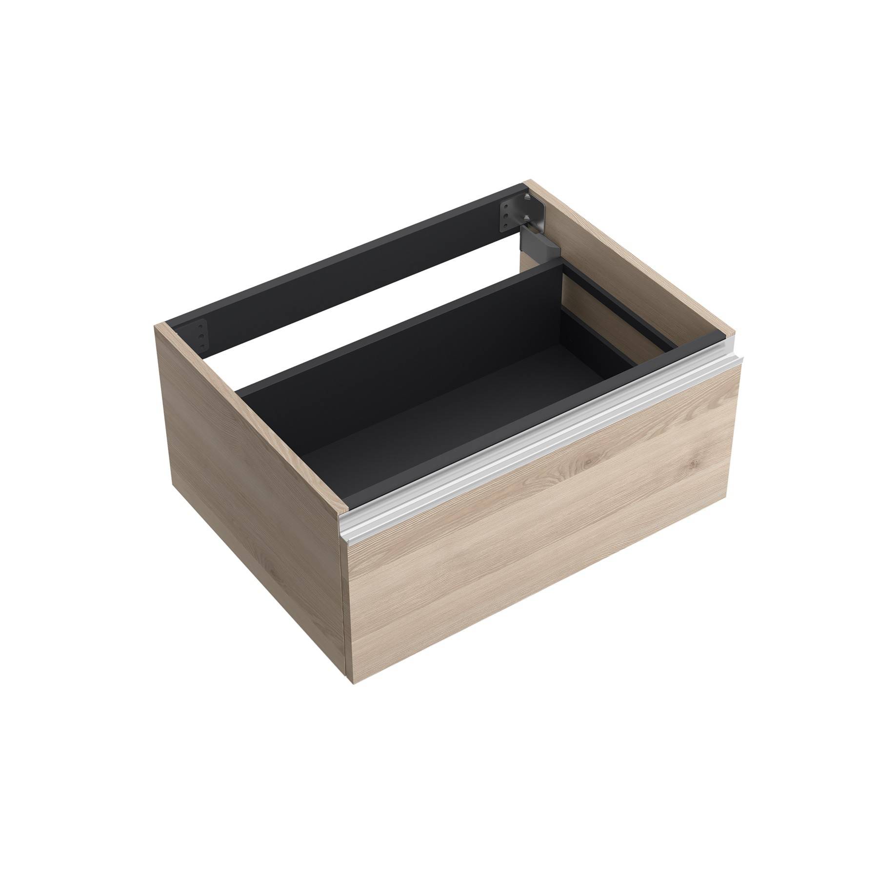 Eine Holzschublade mit Metallschienen, geöffnet und leer, die die Innenstruktur und die glatte Holzoberfläche präsentiert.