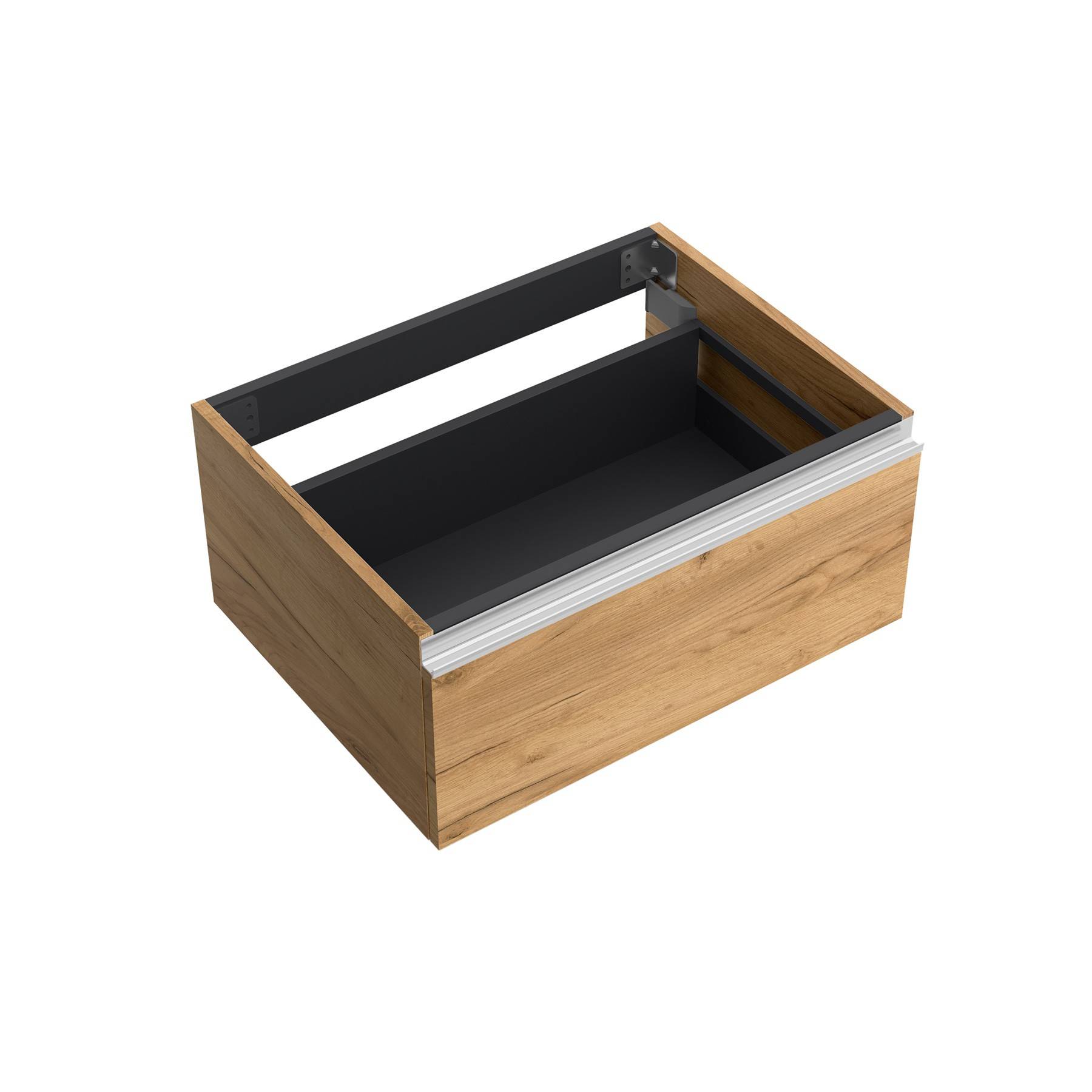 Ein rechteckiger Holz-Aufbewahrungsschubkasten ohne Frontplatte, der seine offene Oberseite und metallische Seitenschienen zum Einschieben in Möbel zeigt.