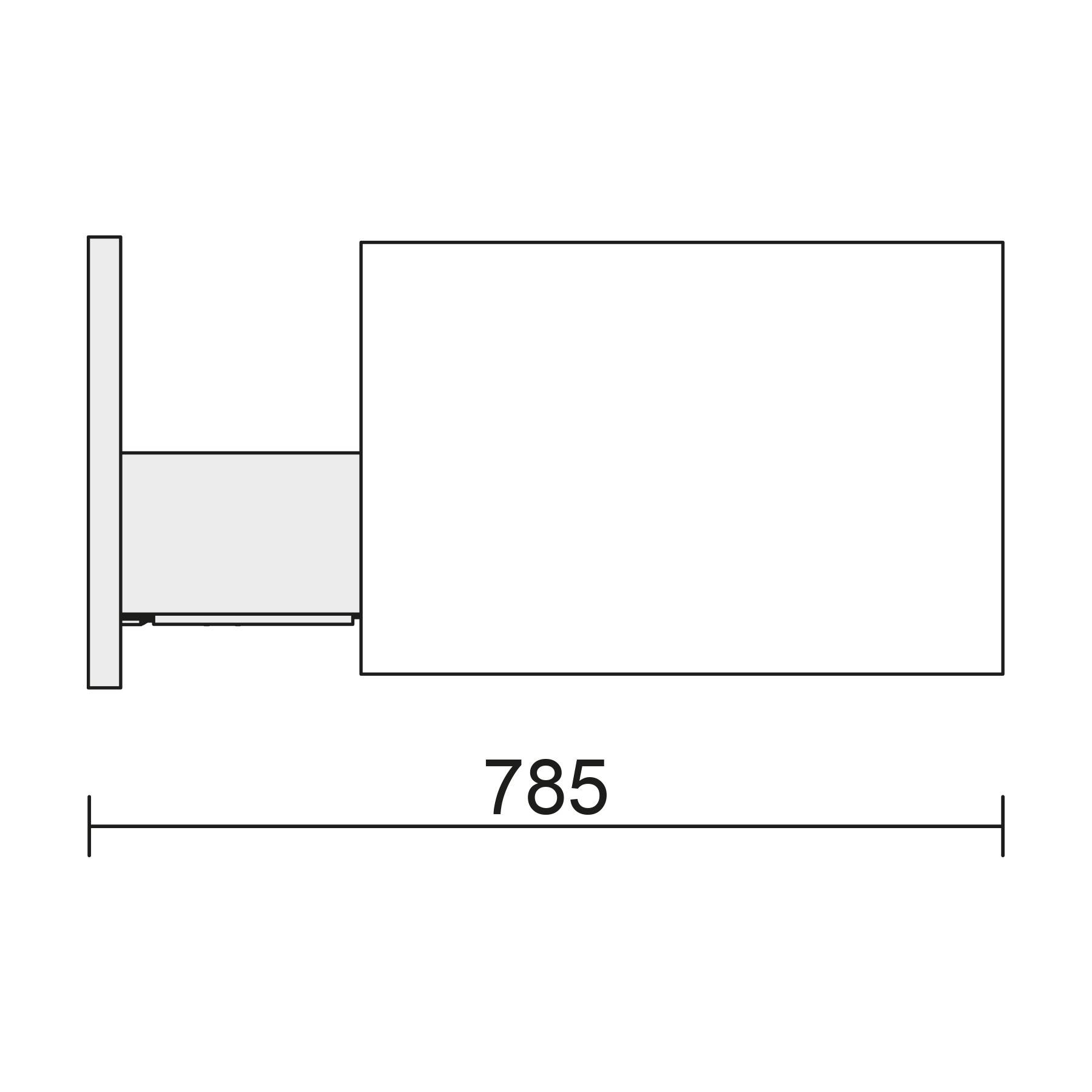 Seitenansicht eines rechteckigen Objekts mit einem hervorstehenden Panel, mit einer Breite von '785'.