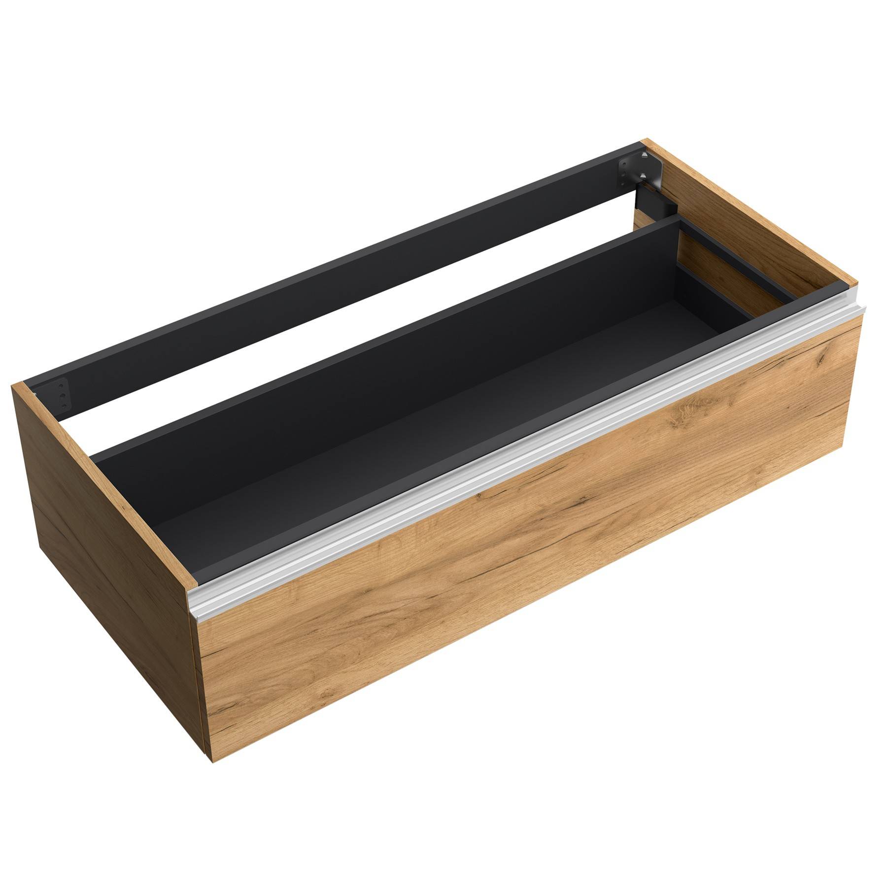 Eine Holzschublade mit einem eleganten Metallgriff, geöffnet und leer, die ihr modernes Design zur Geltung bringt.