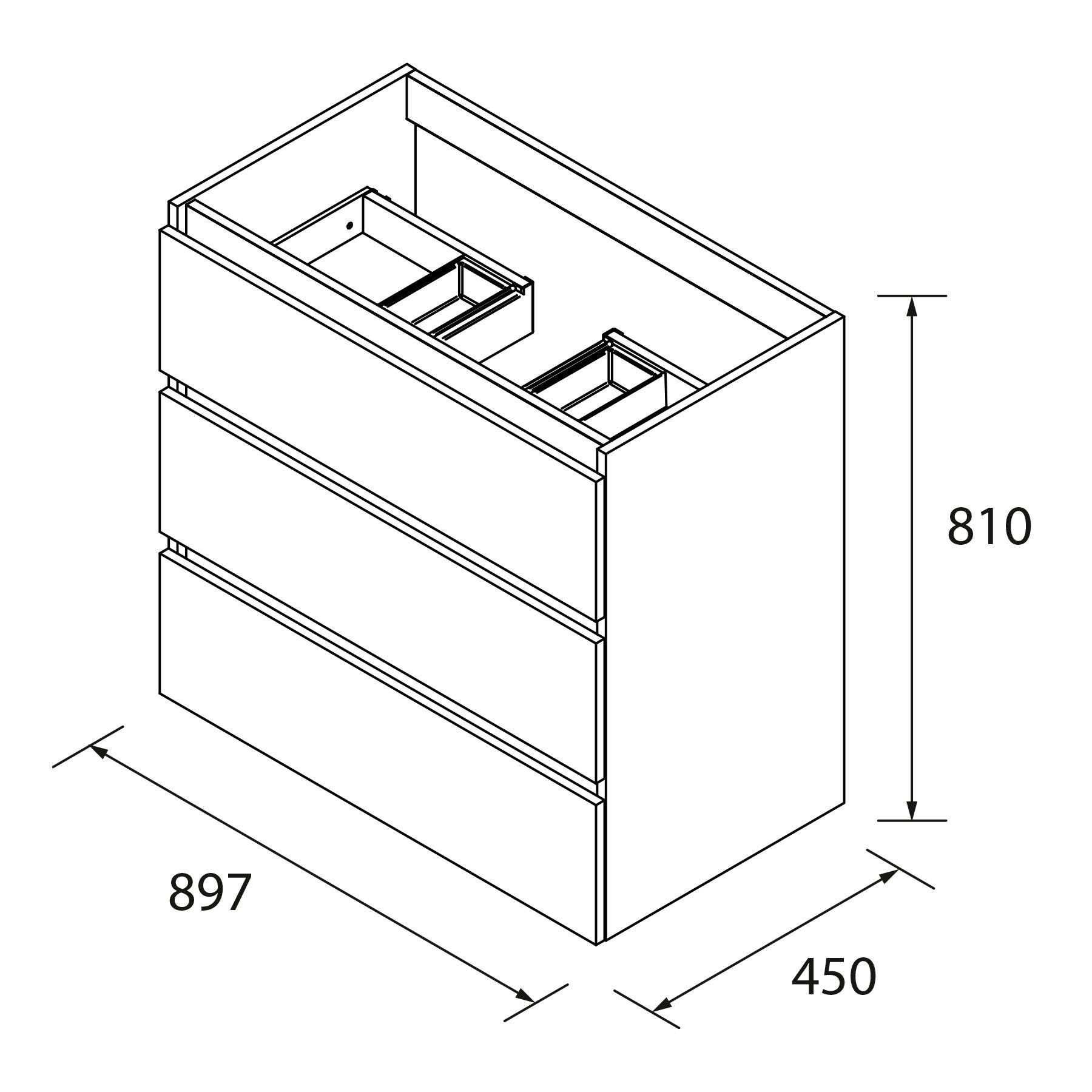 Darstellung eines Schubladenschranks mit Maßen: Breite 897 mm, Tiefe 450 mm, Höhe 810 mm, mit sichtbaren Innenkompartimenten.