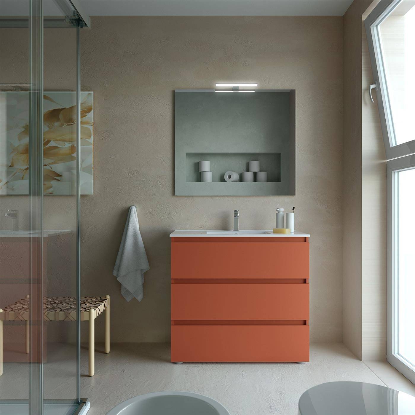 Modernes Badezimmer mit orangefarbenem Waschtisch, Spiegel, Waschbecken, Dusche und einer Bank neben einem großen Fenster.