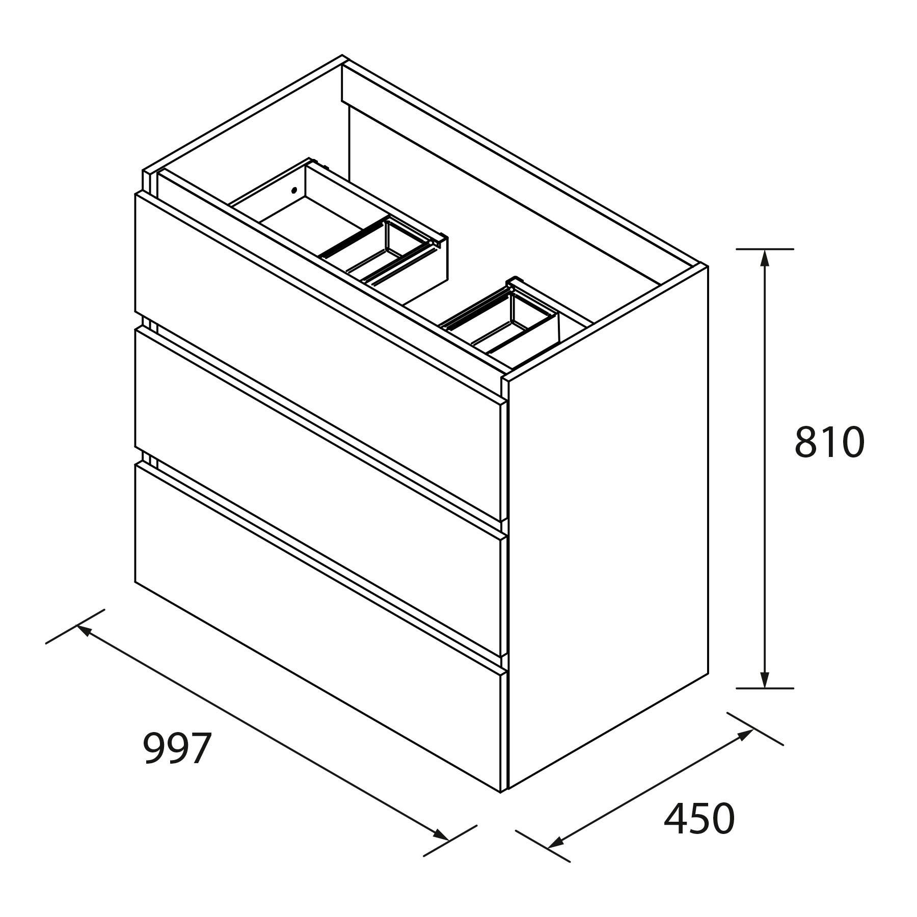 Eine 3D-Skizze eines Schranks mit drei Schubladen, mit Abmessungen: Breite 997 mm, Tiefe 450 mm und Höhe 810 mm.