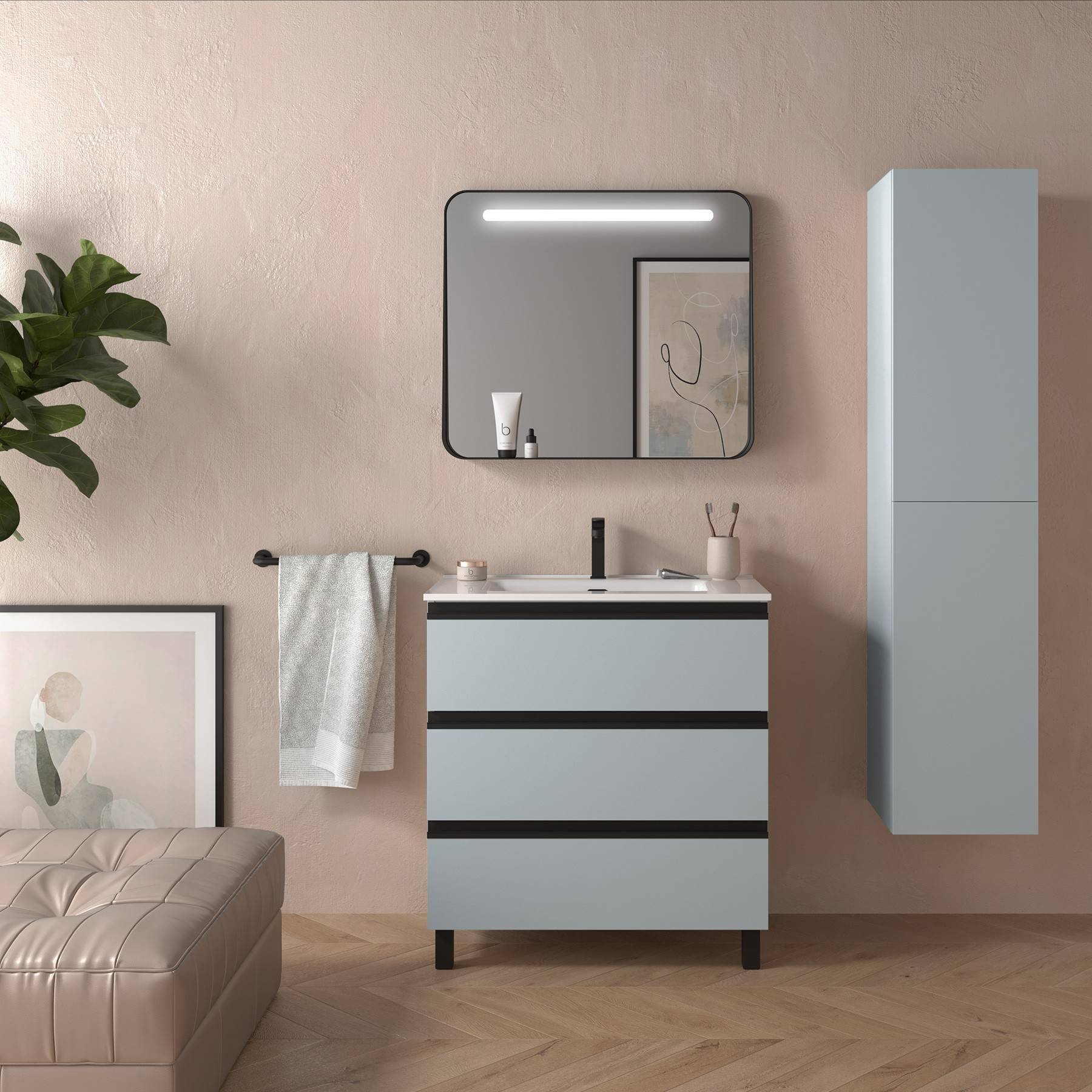 Ein modernes Badezimmer mit einem hellblauen Waschtisch, wandmontierte Schränke und minimaler Dekoration, einschließlich eines Spiegels und abstrakter Kunst.