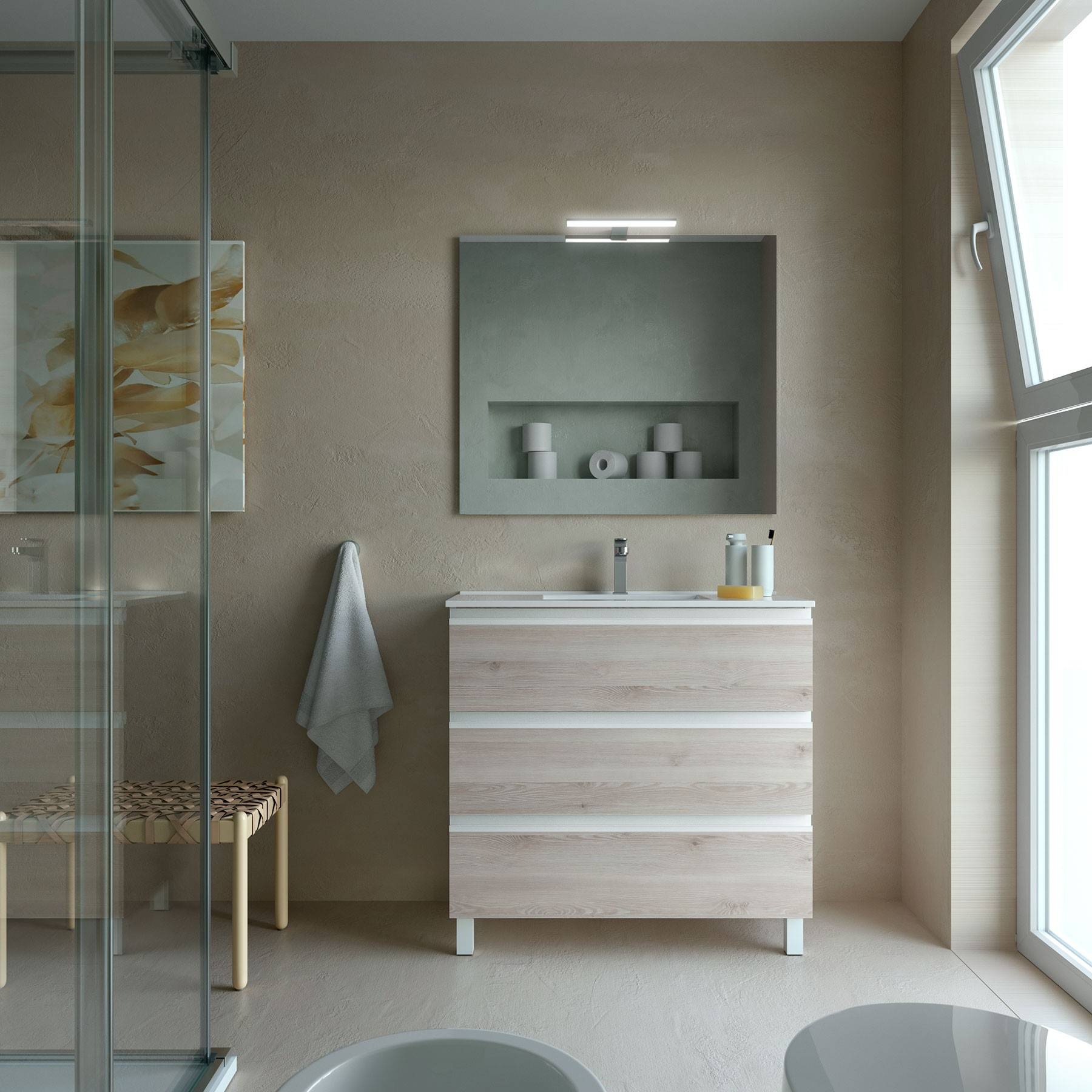 Modernes Badezimmer mit Glasdusche, helzholzfarbener Waschtisch unter beleuchtetem Spiegel, neutralen Wänden und Kunstwerk. Natürliches Licht von großem Fenster.