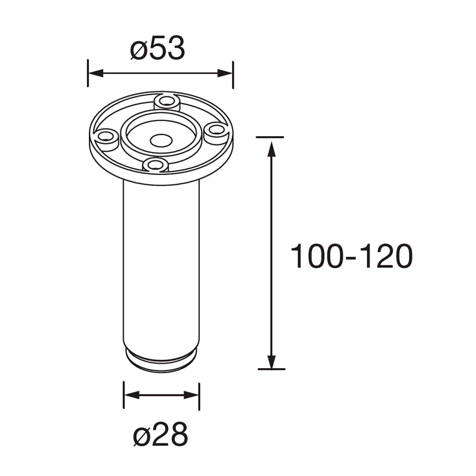 Diagramm eines zylindrischen Objekts mit einem Durchmesser von 53 mm am oberen Ende und einem Durchmesser von 28 mm am unteren Ende, dessen Höhe zwischen 100-120 mm einstellbar ist.