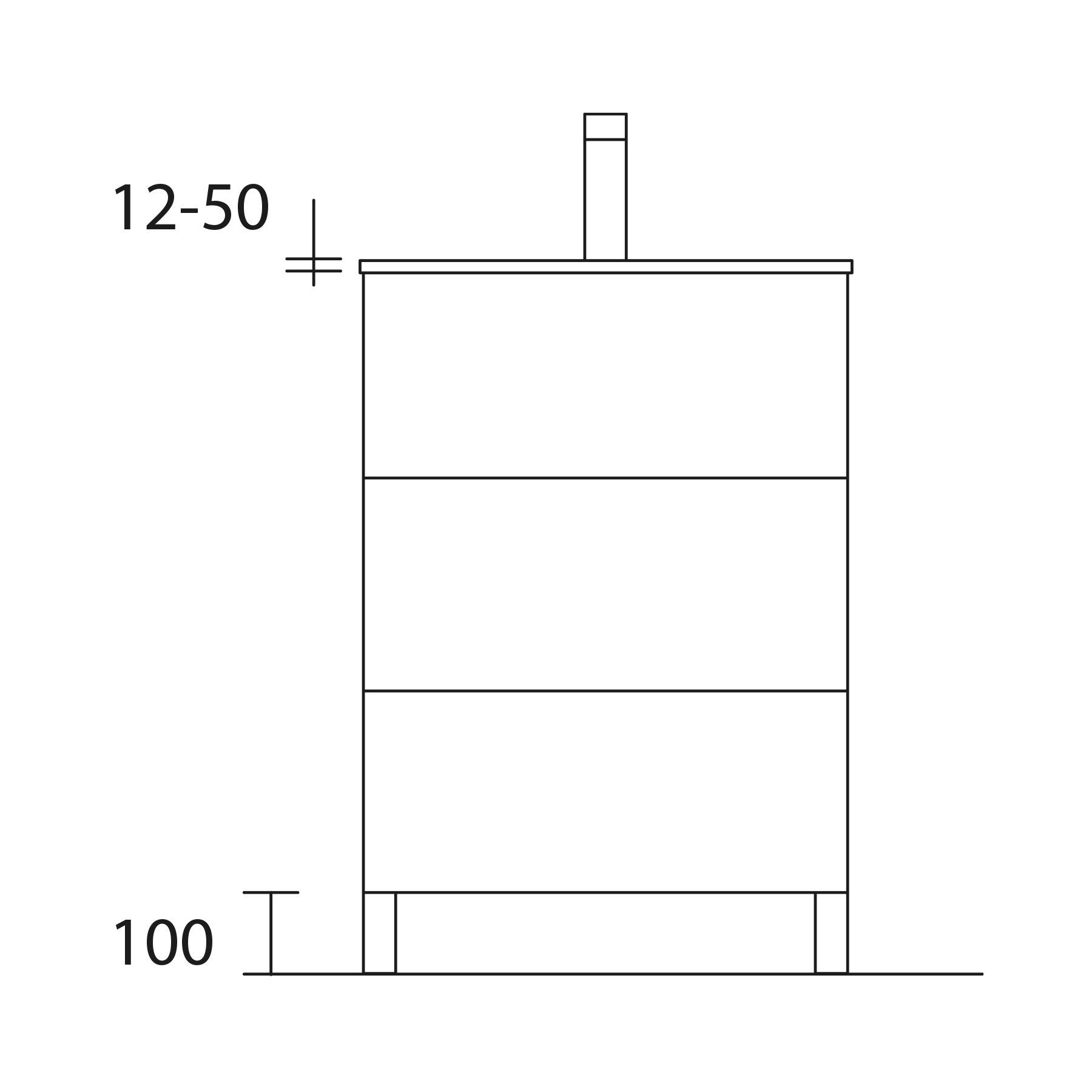 Technische Zeichnung eines zylindrischen Containers mit einem Rohr, Beschriftung zeigt Dimensionen von 12-50 und 100.