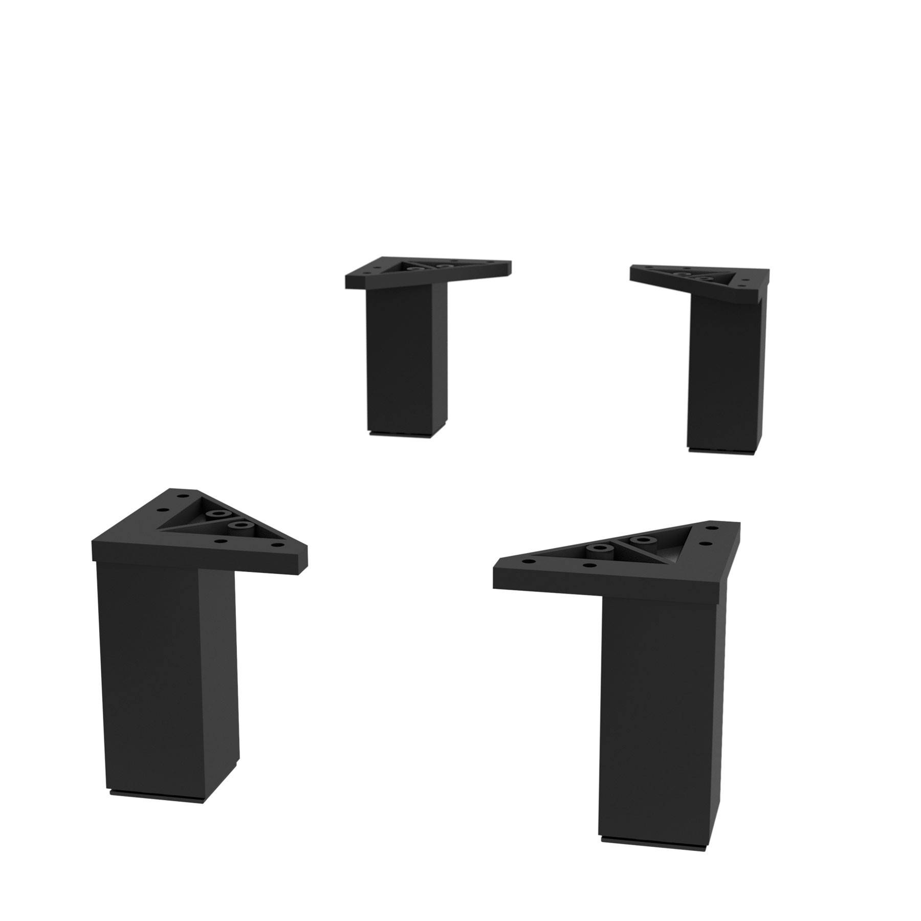 Vier schwarze Tischbeine unterschiedlicher Größe sind auf weißem Hintergrund in einer offenen rechteckigen Anordnung platziert, was einen Montageprozess anzudeuten scheint.