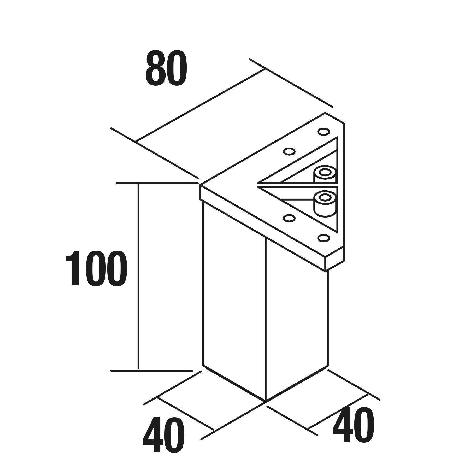 Technische Zeichnung einer Winkelhalterung mit Maßen: 80 mm breit, 40 mm tief und 100 mm hoch. Dreieckige Stützstruktur auf der Oberseite dargestellt.