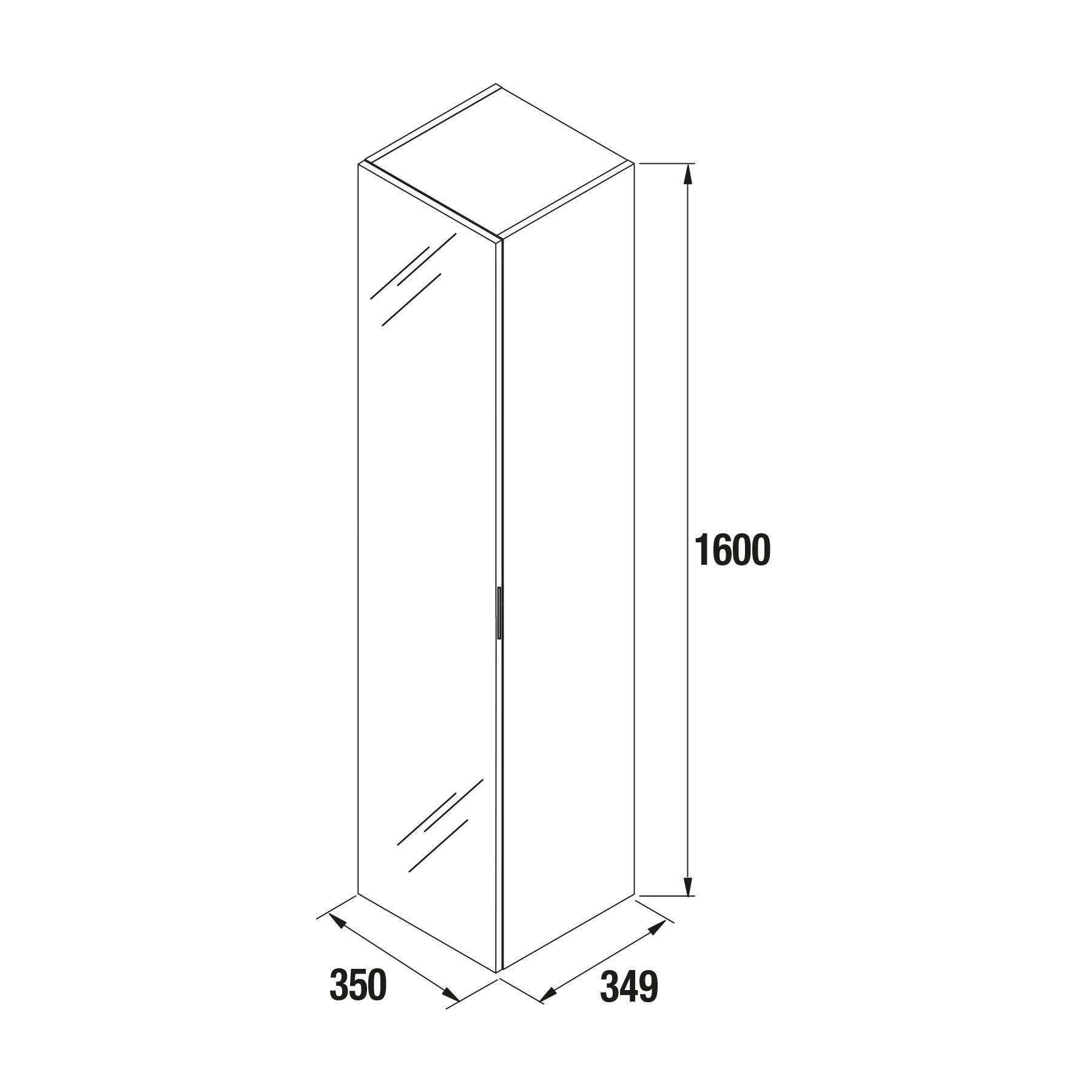 Isometrische Zeichnung eines hohen, rechteckigen Schranks. Abmessungen sind 1600 mm hoch, 350 mm breit und 349 mm tief, mit Spiegeltüren.