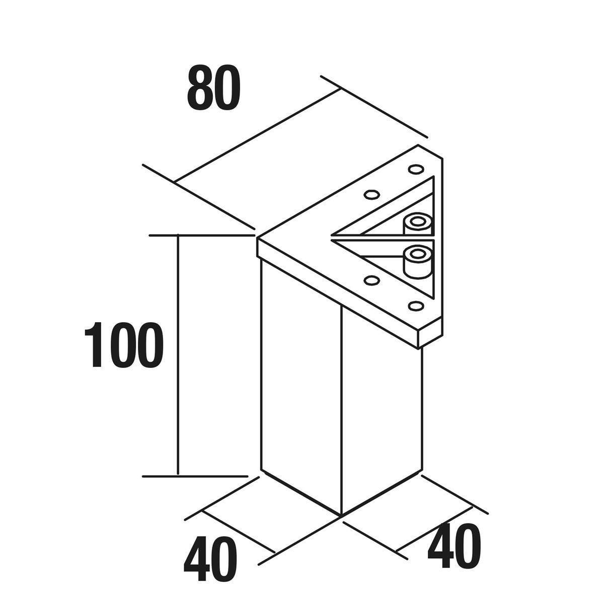 Isometrisches Maßstabdiagramm einer dreieckigen Eckhalterung oder Stütze, beschriftet mit 80 breit, 100 hoch und 40 mal 40 Basisabmessungen.
