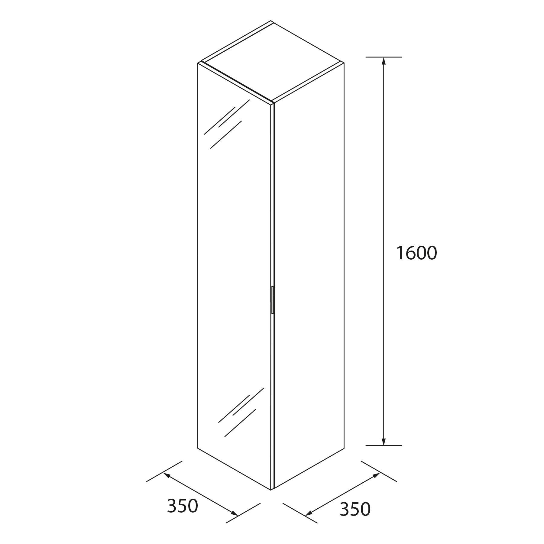 Hoher, rechteckiger Schrank mit Spiegelfront. Abmessungen: Höhe 1600 mm, Breite und Tiefe 350 mm. Tür auf der Vorderseite mit Scharnier.