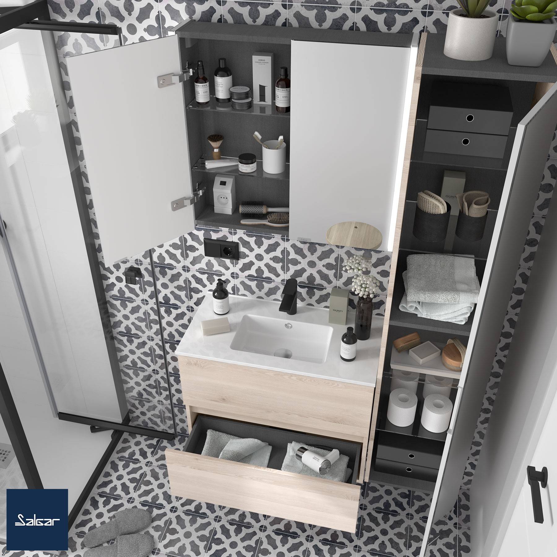 Badezimmer-Waschtischkombination mit Waschbecken, Spiegelschrank, der geöffnet Toilettenartikel zeigt, Schubladen darunter mit Handtüchern und Zubehör sowie einem Seitenschrank.