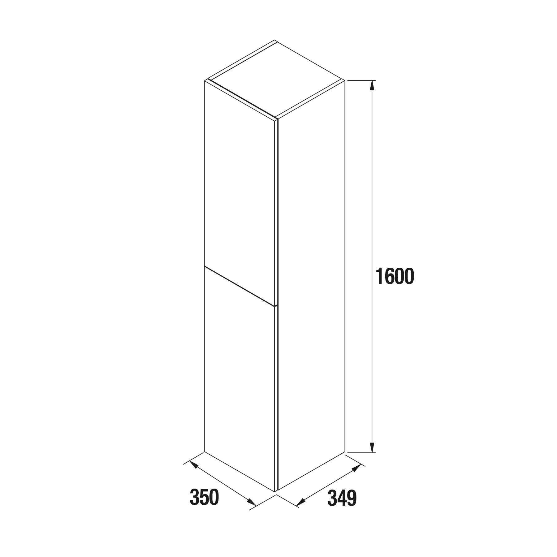 Technische Zeichnung eines hohen Schranks mit zwei Türen. Abmessungen: 1600 mm Höhe, 350 mm Breite und 349 mm Tiefe.