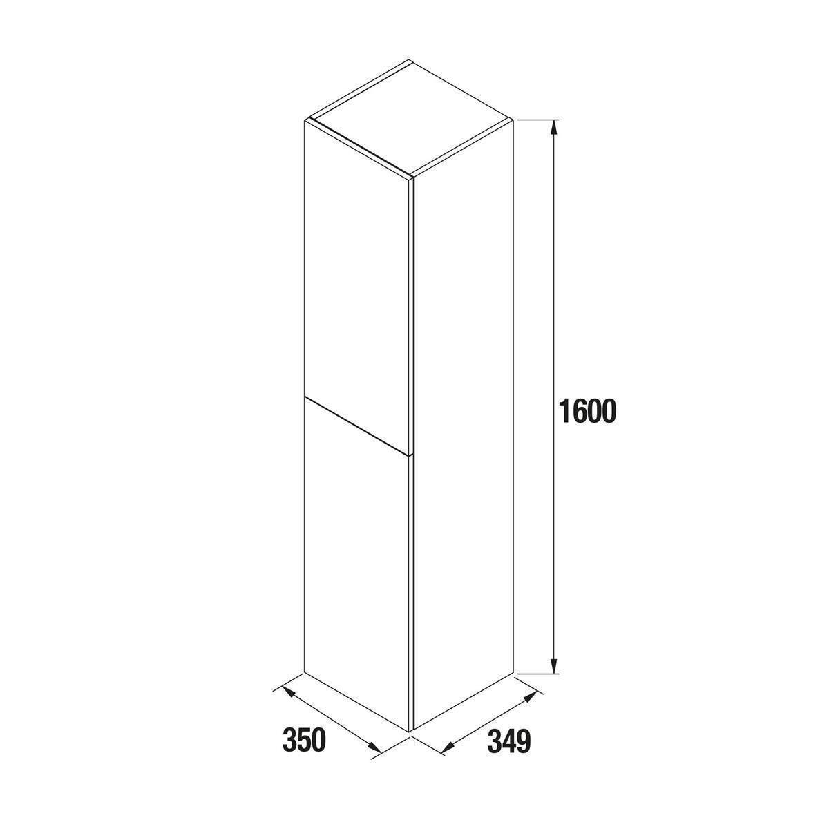 Technische Zeichnung eines hohen rechteckigen Schranks mit den Abmessungen 1600 mm Höhe, 350 mm Breite und 349 mm Tiefe.