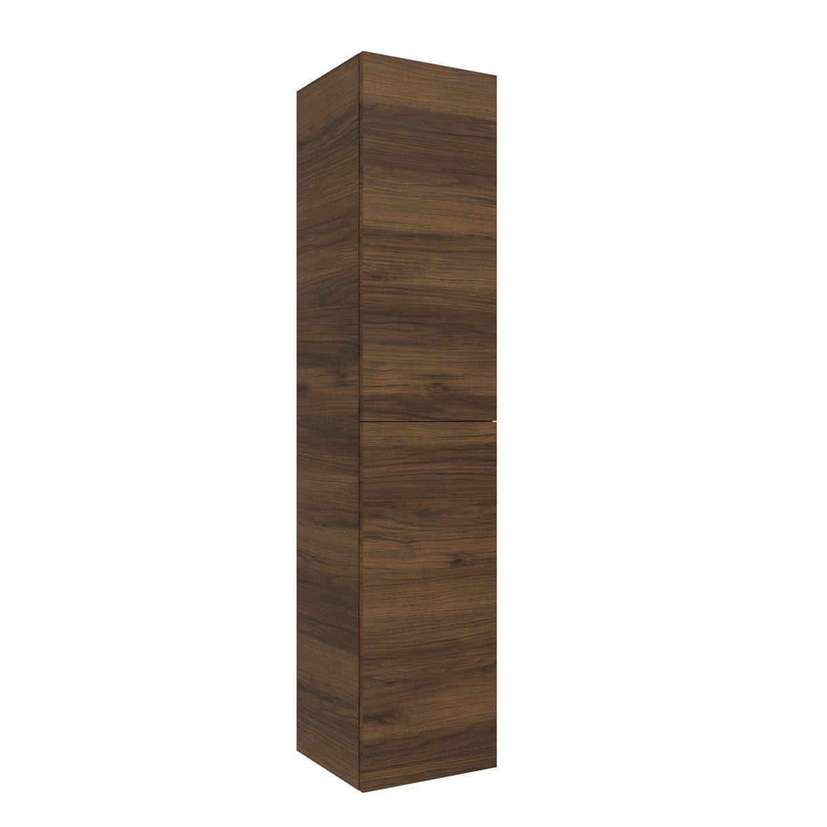 Hohes, schmales Holzschrank mit dunklem Walnussfinish und minimalem Griff, vor weißem Hintergrund dargestellt.