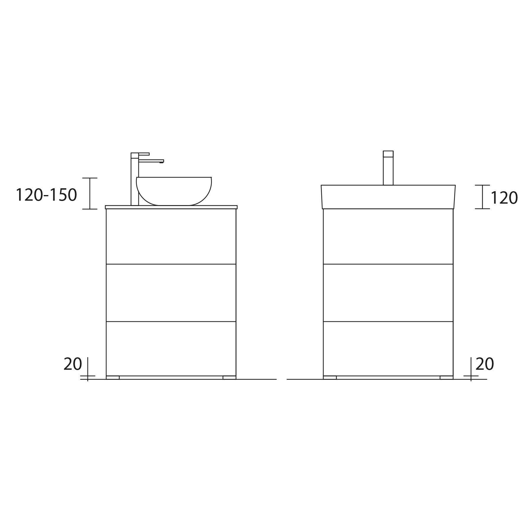 Technische Zeichnung eines Waschbeckens mit Vorder- und Seitenansicht; enthält Höhenmessungen von 120-150 cm und Sockelhöhe von 20 cm.