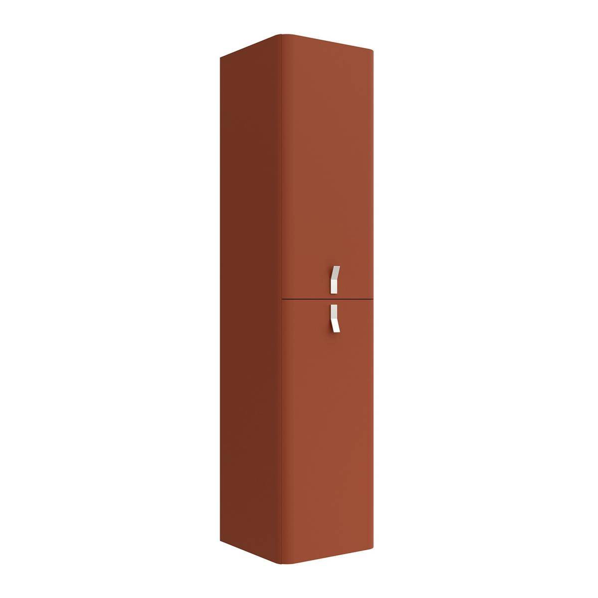 Ein hohes braunes zweitüriges Schränkchen mit minimalistischem Design und kleinen weißen Griffen.