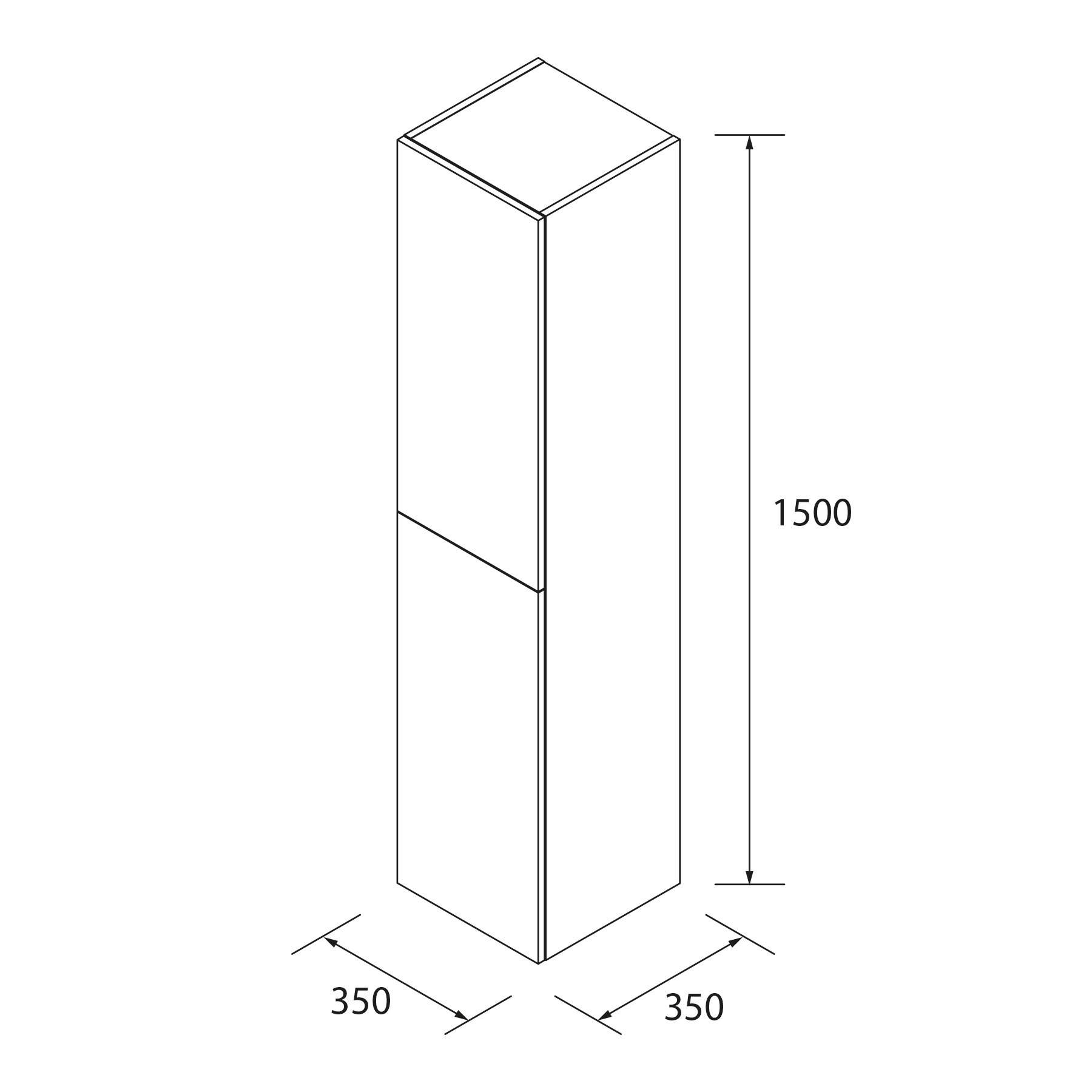 Ein hoher rechteckiger Schrank mit markierten Abmessungen: Höhe 1500 mm, Breite und Tiefe jeweils 350 mm.