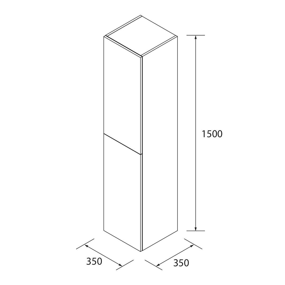 Einfache Strichzeichnung eines hohen rechteckigen Schranks oder einer Säule, 1500 hoch und 350 mal 350 an der Basis, mit einer Naht über der Vorderseite.