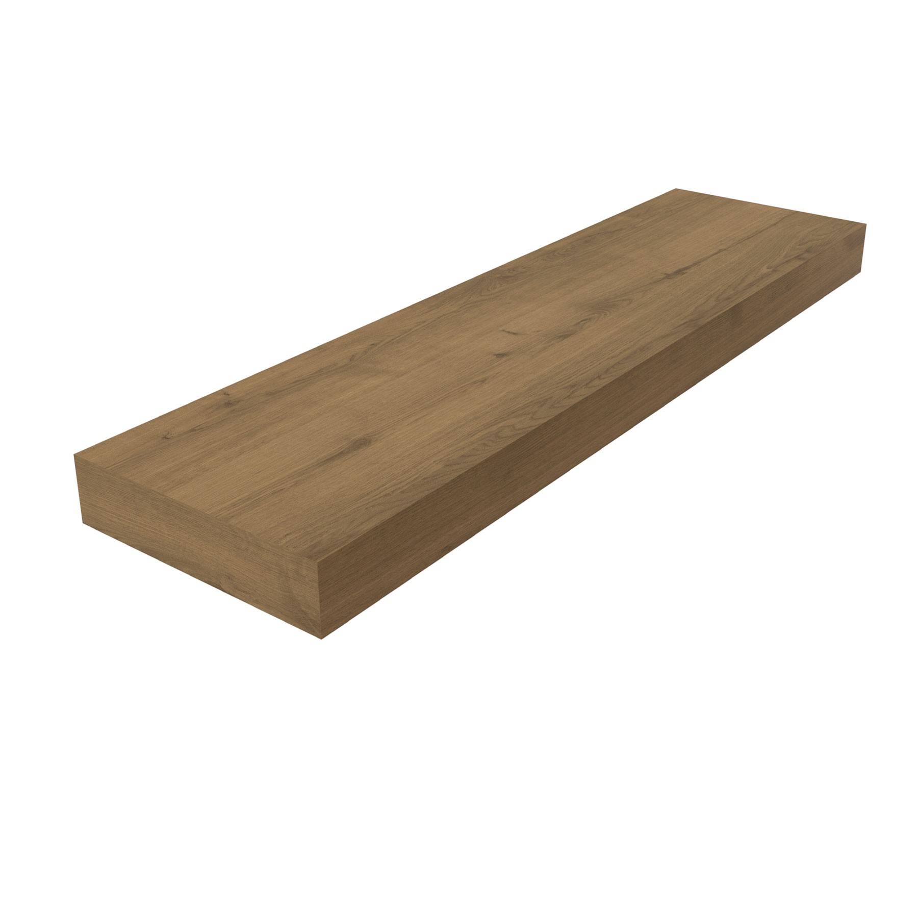 Ein langes, rechteckiges Holzregal in einer hellbraunen Ausführung, geeignet zum Wandmontieren und zur Präsentation.