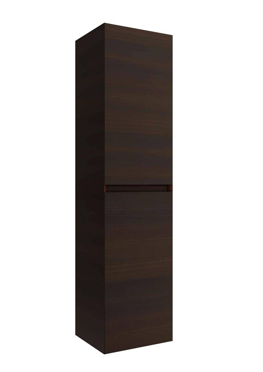 Hohes dunkles Holzschrank mit minimalistische Gestaltung und einer schmalen horizontalen Fuge in der Mitte.
