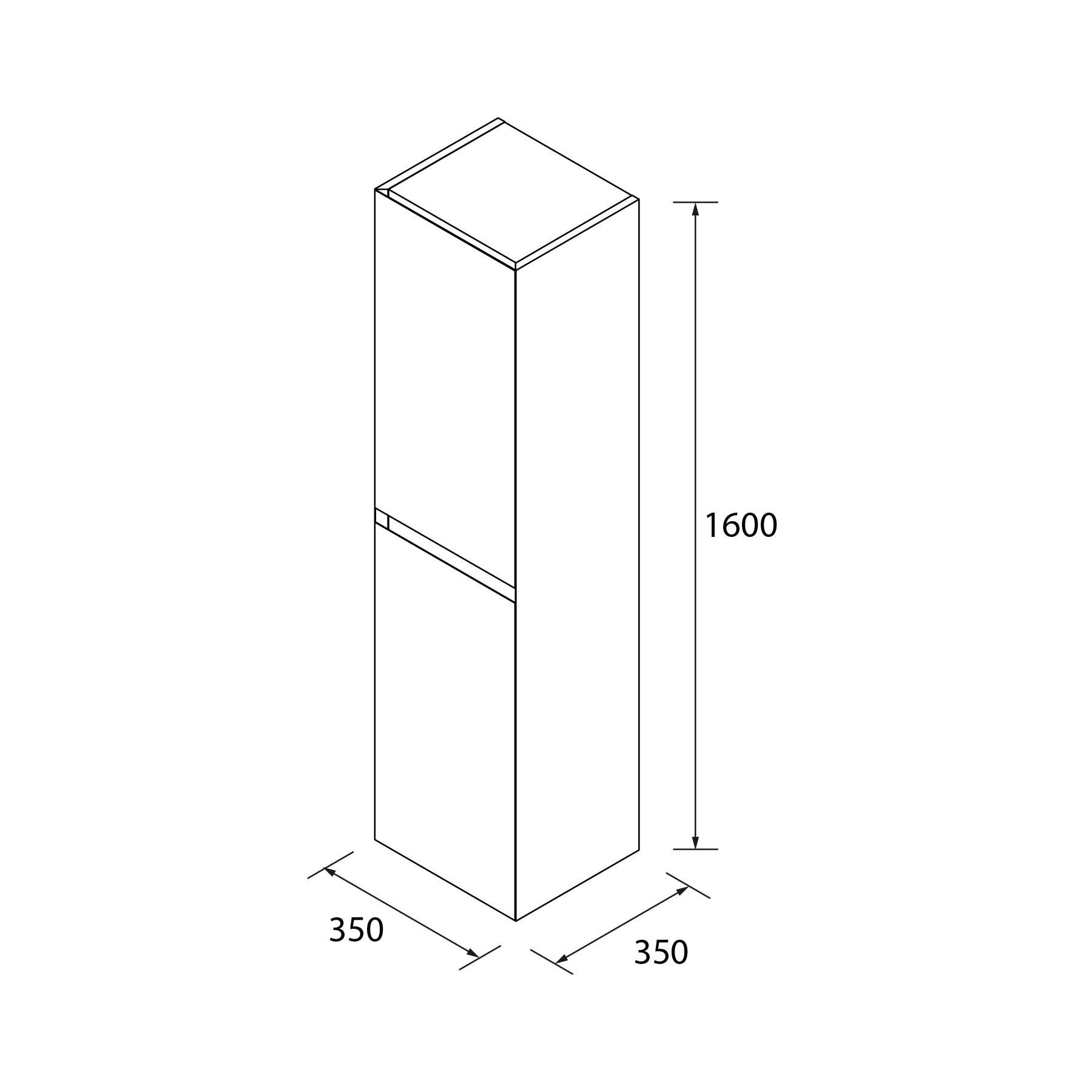 Isometrische Zeichnung eines hohen rechteckigen Schranks. Maße sind 1600 mm Höhe und 350 mm Breite und Tiefe.