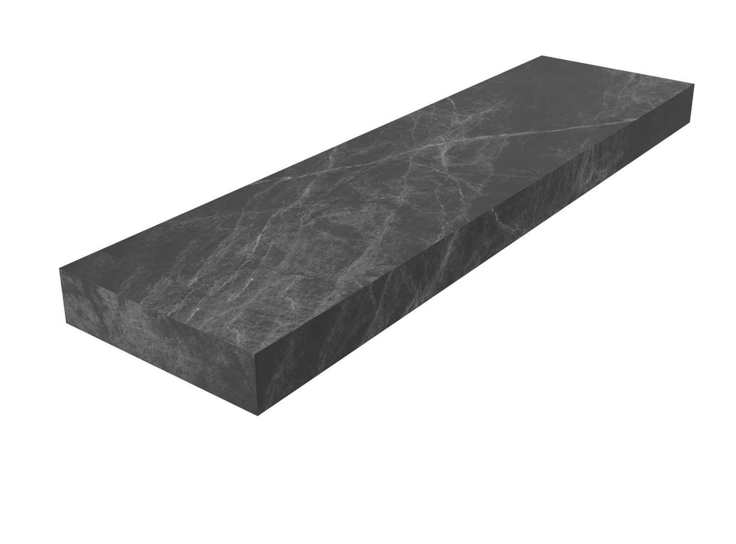 3D-Rendering einer langen rechteckigen dunkelgrauen Marmor-Steinplatte auf weißem Hintergrund.