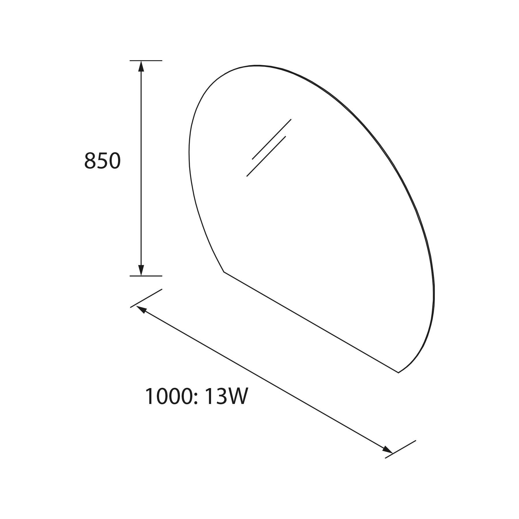 Skizze eines halbkreisförmigen Objekts mit Linien zur Angabe der Abmessungen: 850 mm Höhe, 1000 mm Breite und als 13W gekennzeichnet.