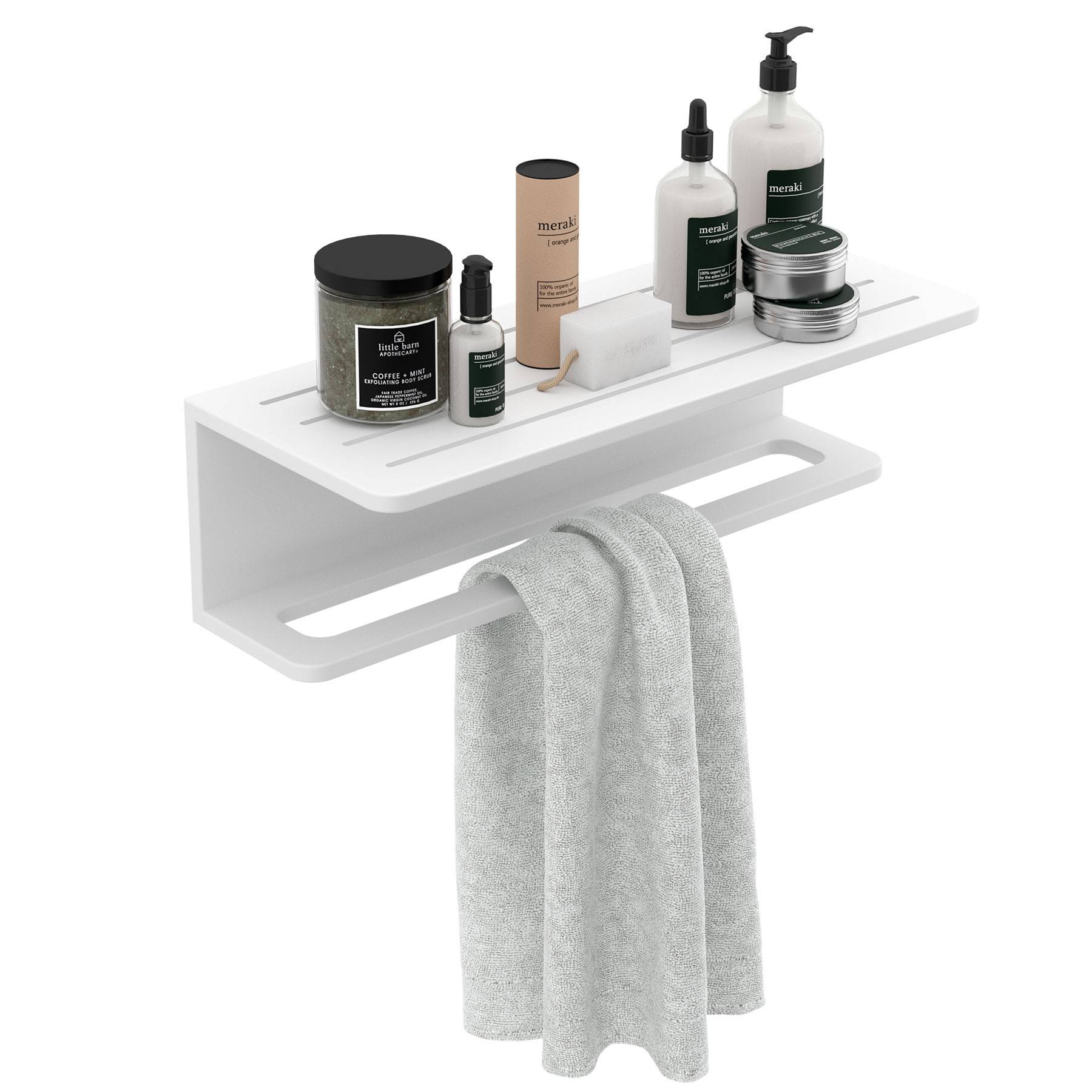 Weißes Badezimmerregal mit verschiedenen Hautpflegeprodukten oben und einem Handtuch, das darunter hängt.