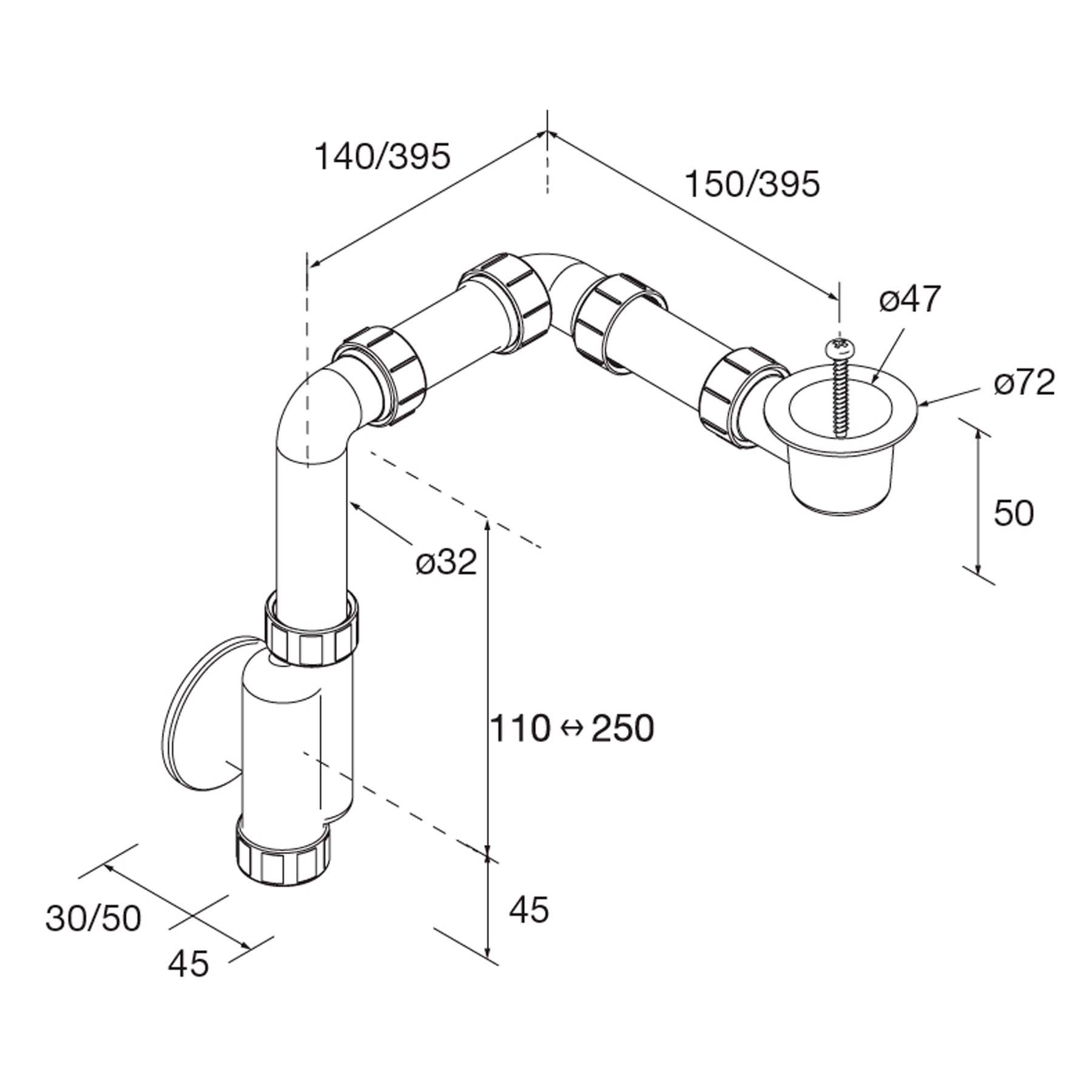 Diagramm eines Rohrleitungssystems mit Maßangaben, das Rohwinkel und Verbindungen zeigt. Abmessungen beinhalten 140/395, 150/395, ø47 und ø72.