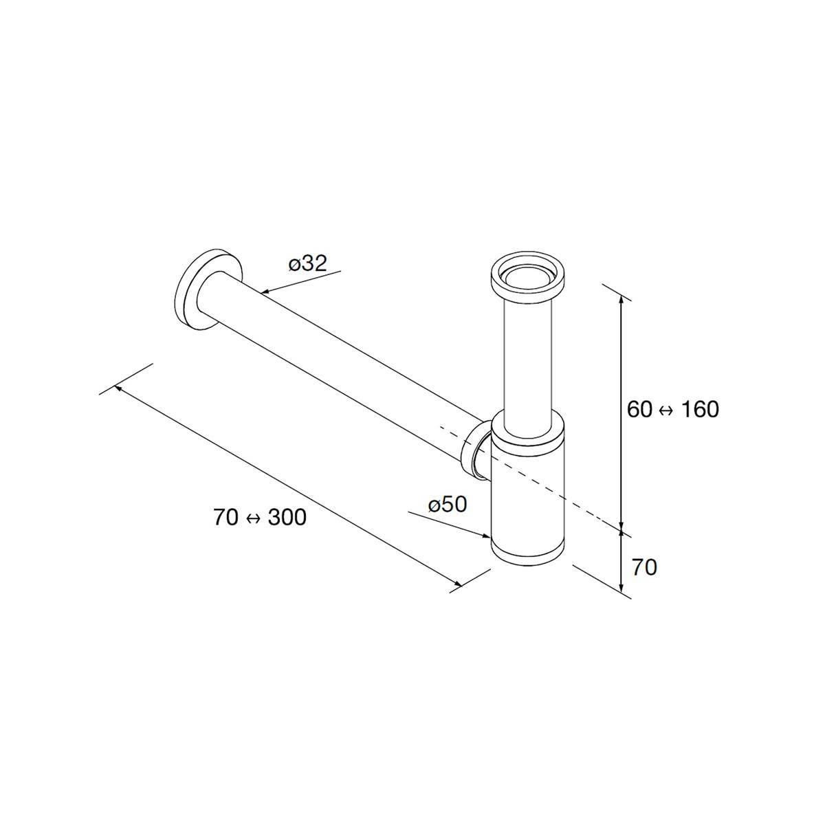 Technische Zeichnung einer wandmontierten Rohrklemme mit Abmessungen: 32 mm Armdurchmesser, 50 mm Basis, 70–300 mm Reichweite und 60–160 mm Höhe plus 70 mm Basistiefen.