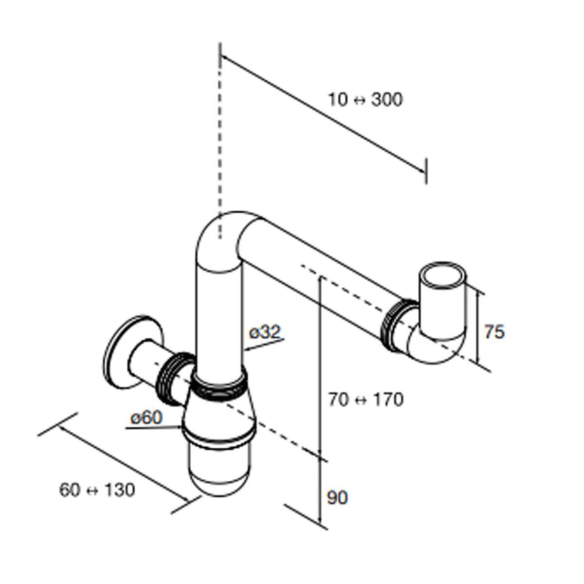 Technisches Sanitärdiagramm einer Rohrbiegung mit beschrifteten Abmessungen: 10–300, 70–170, 60–130, 90, 75, Ø32 und Ø60.
