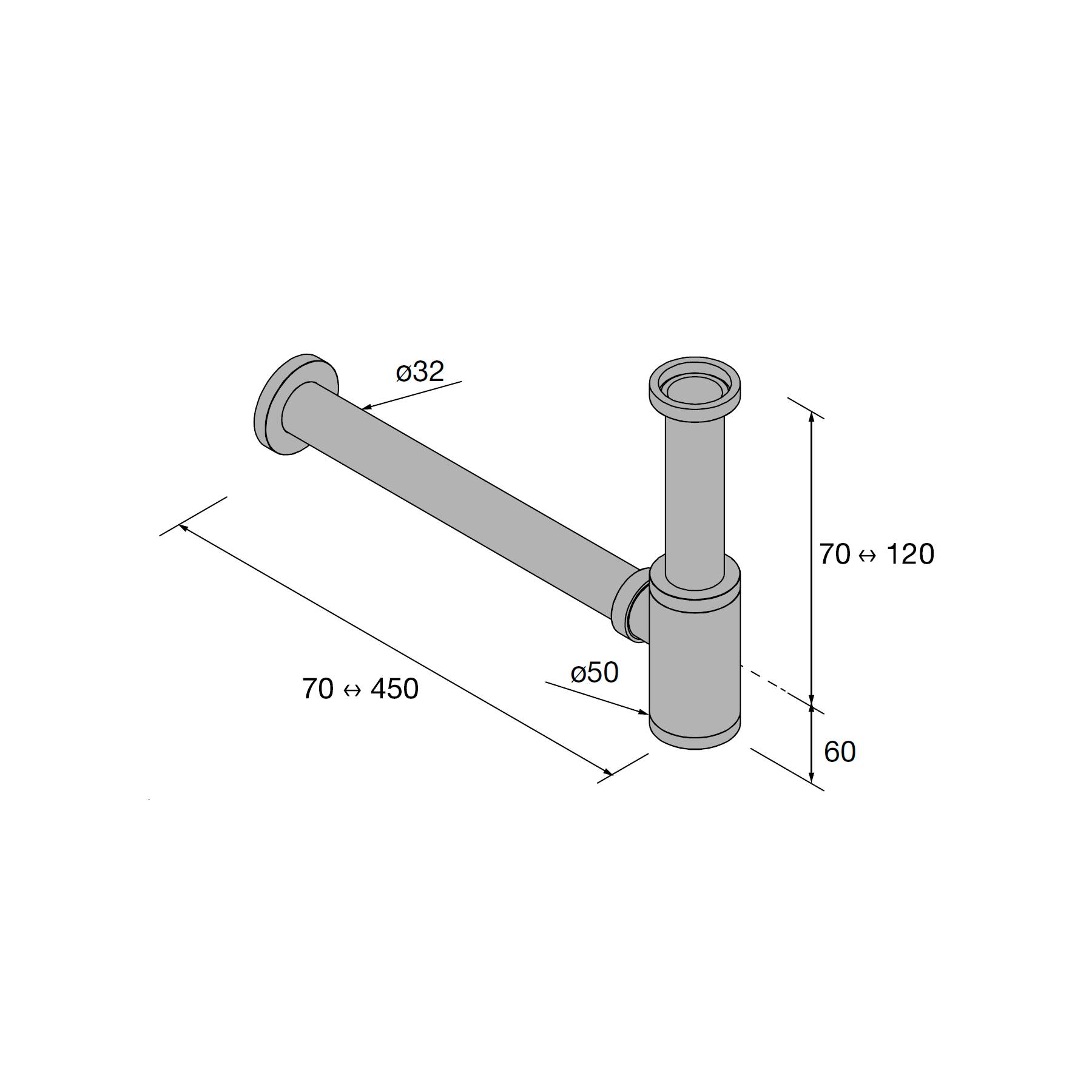 Technische Zeichnung eines Klempnereirohrs mit Abmessungen: Länge 70-450 mm, Höhe 70-120 mm und Durchmesser 32 mm und 50 mm.