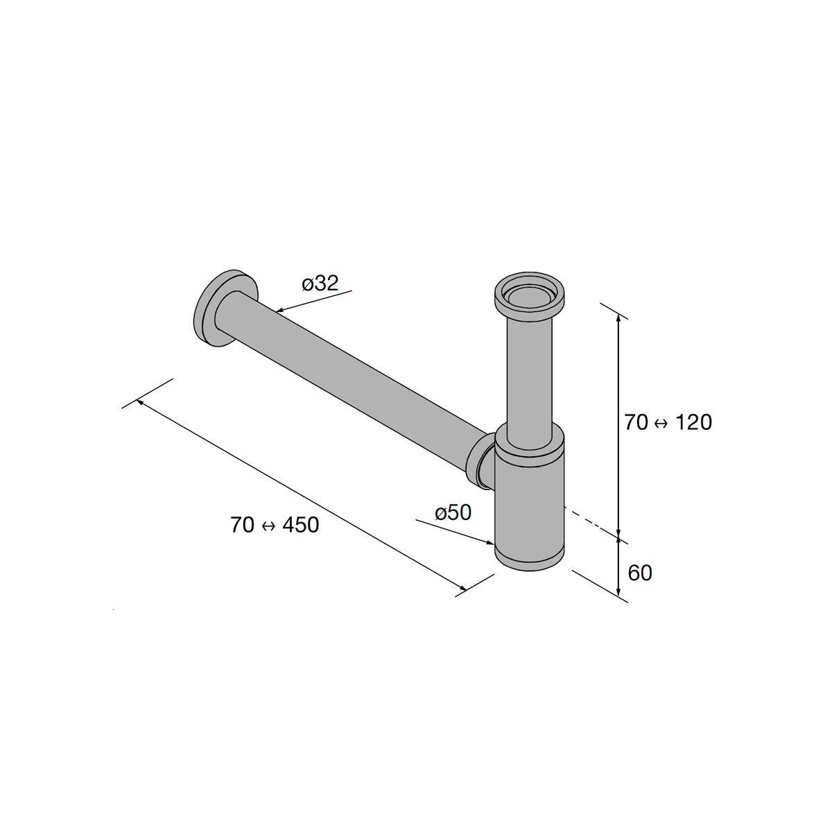 Technisches Diagramm einer Rohrbaugruppe mit gekennzeichneten Abmessungen: Arm mit 32 mm Durchmesser, Körper mit 50 mm Durchmesser und verstellbare Längen/Höhen mit den Angaben 70–450, 70–120 und 60.